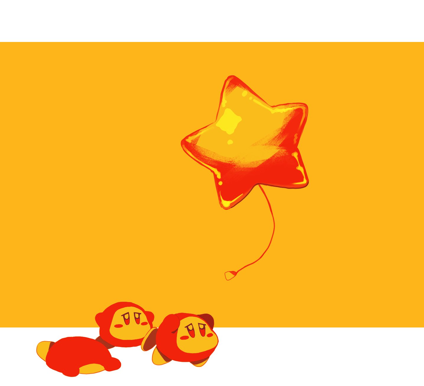 purano7, waddle dee, kirby (series), nintendo, highres, blush stickers, chasing, half-closed eyes, lying, on stomach, running, star (symbol), star balloon, two-tone background, warm colored, yellow theme