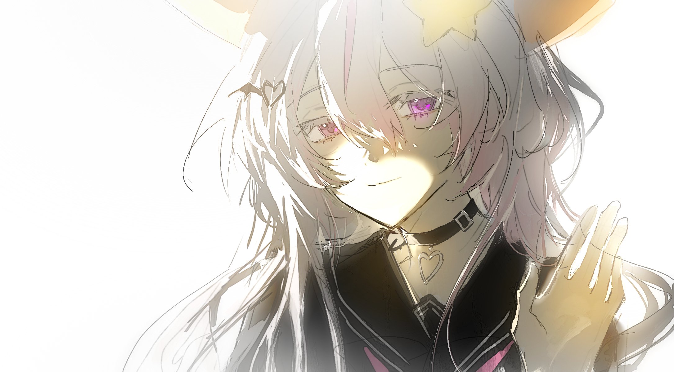 liquain, annytf, indie virtual youtuber, highres, 1girl, animal ears, black choker, black sailor collar, black serafuku, choker, closed mouth, fox ears, fox girl, hair between eyes, hair ornament, hand up, heart, heart hair ornament, long hair, looking at viewer, multicolored hair, pink hair, purple eyes, sailor collar, school uniform, serafuku, simple background, smile, solo, star (symbol), star hair ornament, streaked hair, upper body, virtual youtuber, white background, white hair