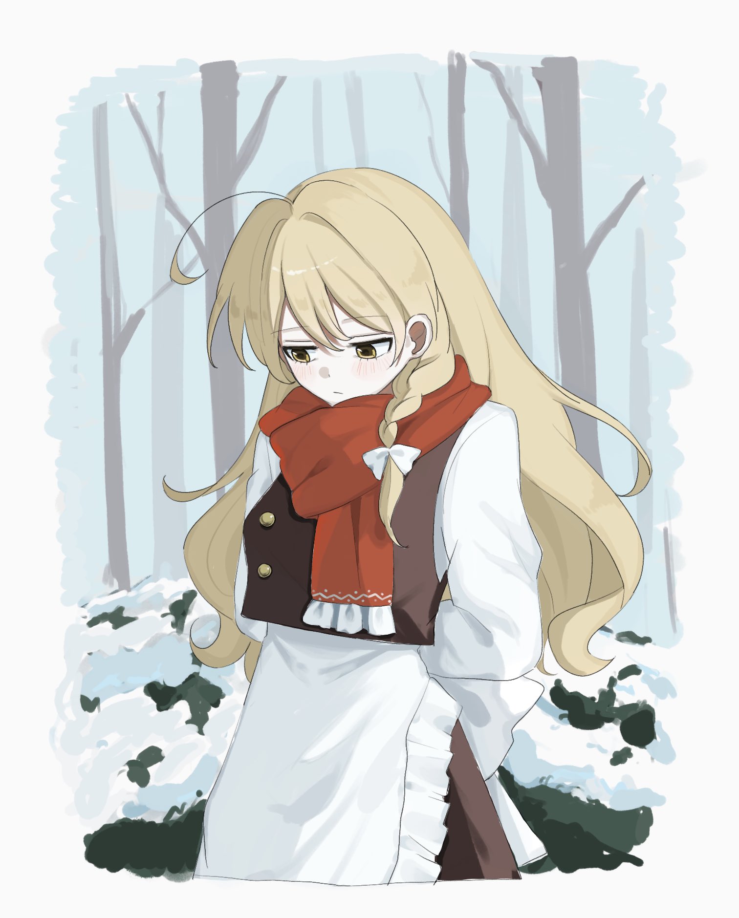 mati100311, kirisame marisa, touhou, commentary request, highres, 1girl, apron, arms behind back, black skirt, black vest, blonde hair, blush, bow, braid, closed mouth, hair bow, long hair, long sleeves, no headwear, outdoors, red scarf, scarf, side braid, single braid, skirt, snow, solo, very long hair, vest, waist apron, white apron, white bow, yellow eyes