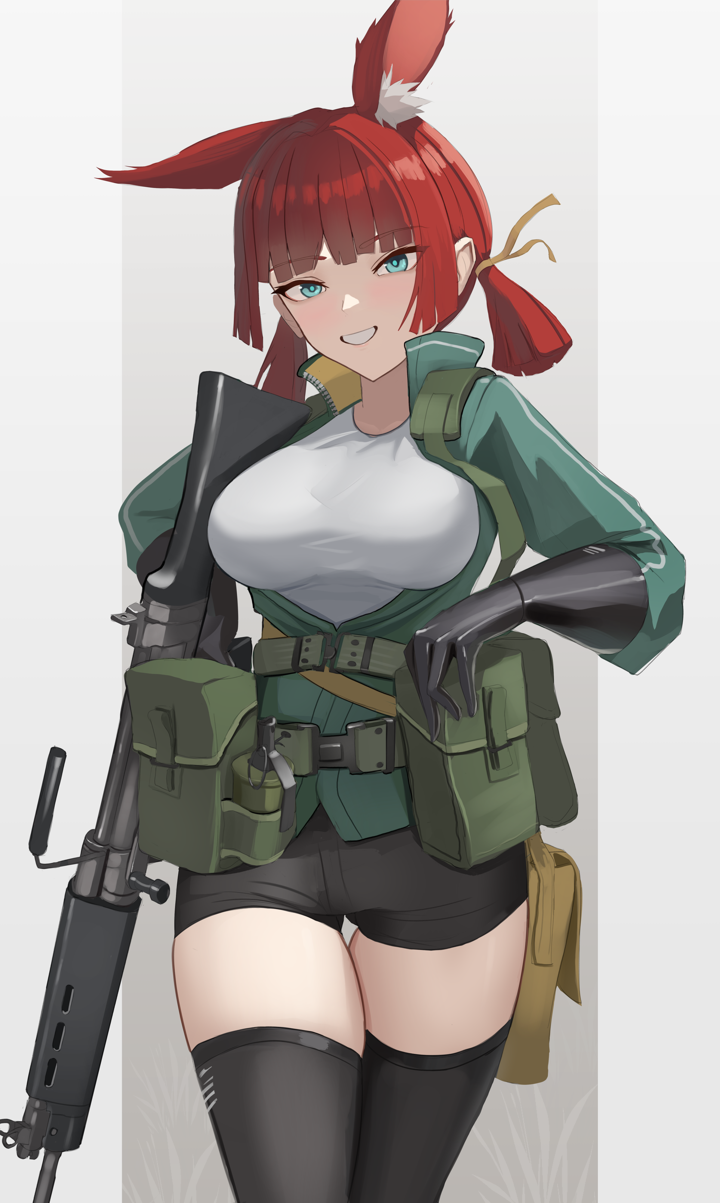 klottinen, original, absurdres, commentary, commentary request, english commentary, highres, 1girl, ammunition pouch, animal ear fluff, animal ears, bag, battle rifle, black shorts, black thighhighs, blue eyes, breasts, brown bag, brown vest, chest rig, cowboy shot, explosive, fn fal, grenade, grenade pin, grey jacket, grin, gun, hair tie, jacket, large breasts, looking at viewer, medium hair, open clothes, open jacket, pouch, prosthesis, prosthetic arm, rabbit ears, rabbit girl, red hair, rg-42, ribbon, rifle, satchel, shirt, shorts, sidelocks, single ear down, skindentation, smile, solo, tactical clothes, thighhighs, thighs, twintails, vest, weapon, white shirt, yellow ribbon, zettai ryouiki