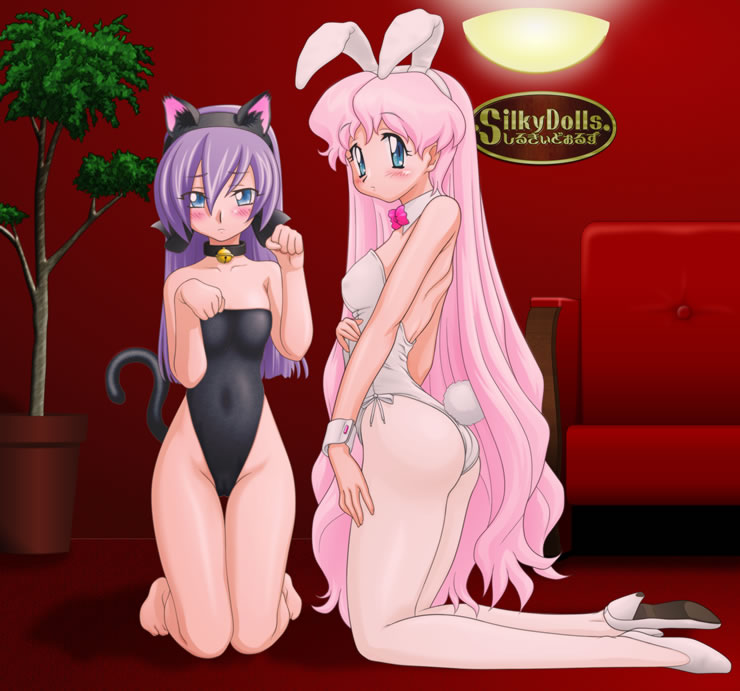2girls, animal ears, blue eyes, blush, cat ears, cat tail, fake animal ears, high heels, kittysuit, kneeling, multiple girls, nontraditional playboy bunny, pantyhose, playboy bunny, rabbit ears, rabbit tail, tail