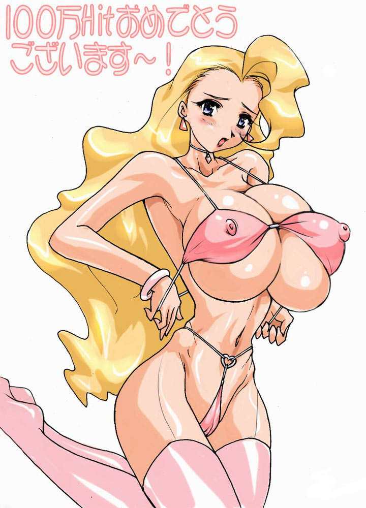 swan white, yuusha ou gaogaigar, yuusha series, translation request, 1990s (style), 1girl, :o, bikini, blonde hair, blue eyes, blush, bracelet, breasts, cameltoe, choker, covered erect nipples, earrings, female focus, heart bikini, huge breasts, jewelry, lipstick, long hair, looking at viewer, makeup, micro bikini, narrow waist, open mouth, pendant, pendant choker, pink bikini, pink thighhighs, red lips, retro artstyle, shiny skin, simple background, solo, swimsuit, thighhighs, underboob, very long hair, white background