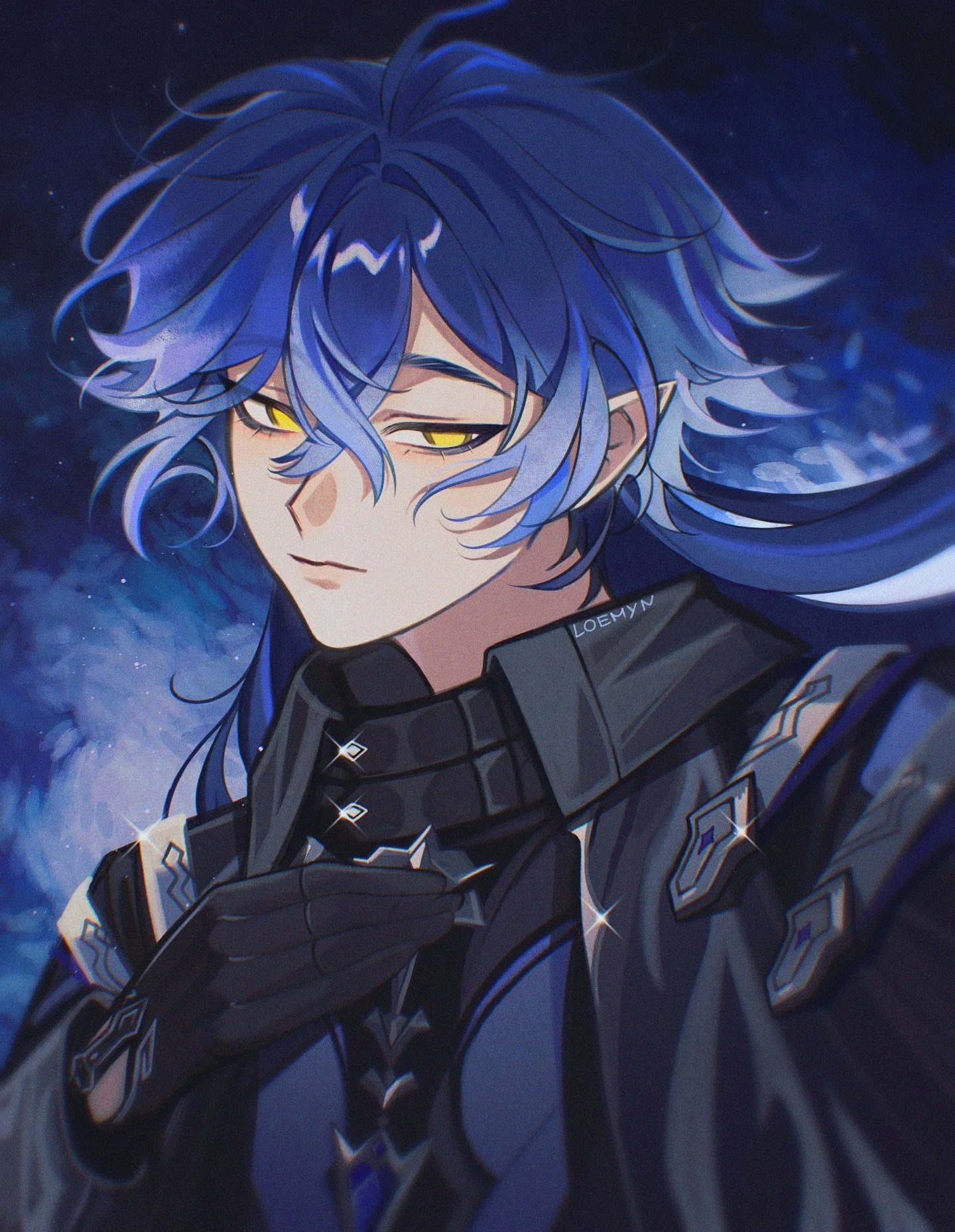 loemyn, flins (genshin impact), genshin impact, commentary, english commentary, highres, 1boy, black coat, black gloves, blue gemstone, blue hair, closed mouth, clothing cutout, coat, collared coat, crossed bangs, eyeliner, gem, glove cutout, gloves, light frown, long hair, looking to the side, makeup, male focus, parted bangs, pointy ears, solo, twitter username, upper body, yellow eyes