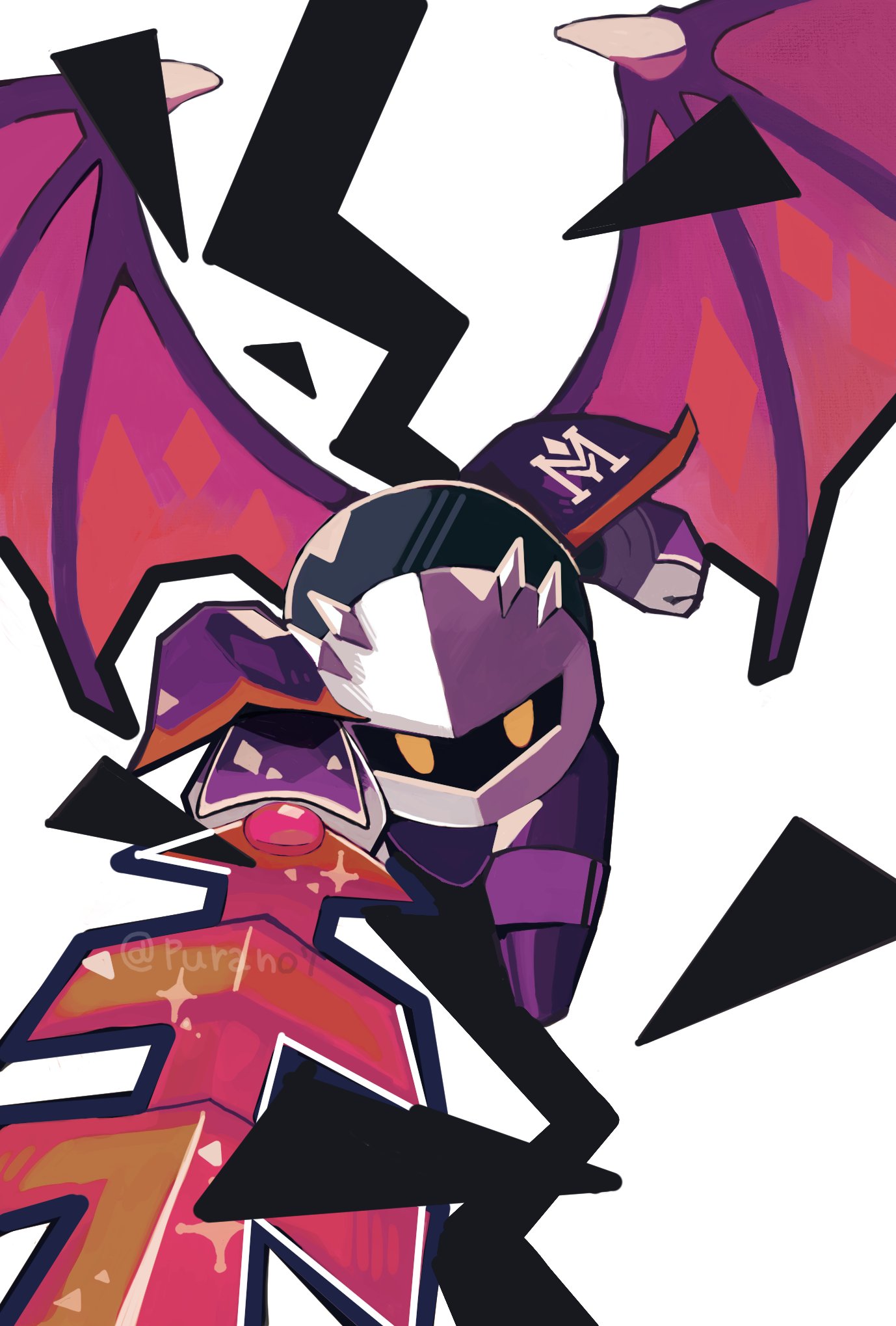 purano7, meta knight, kirby (series), nintendo, highres, armor, galaxia (sword), holding, holding sword, holding weapon, looking at viewer, mask, no humans, pauldrons, shoulder armor, solo, sword, weapon, wings, yellow eyes
