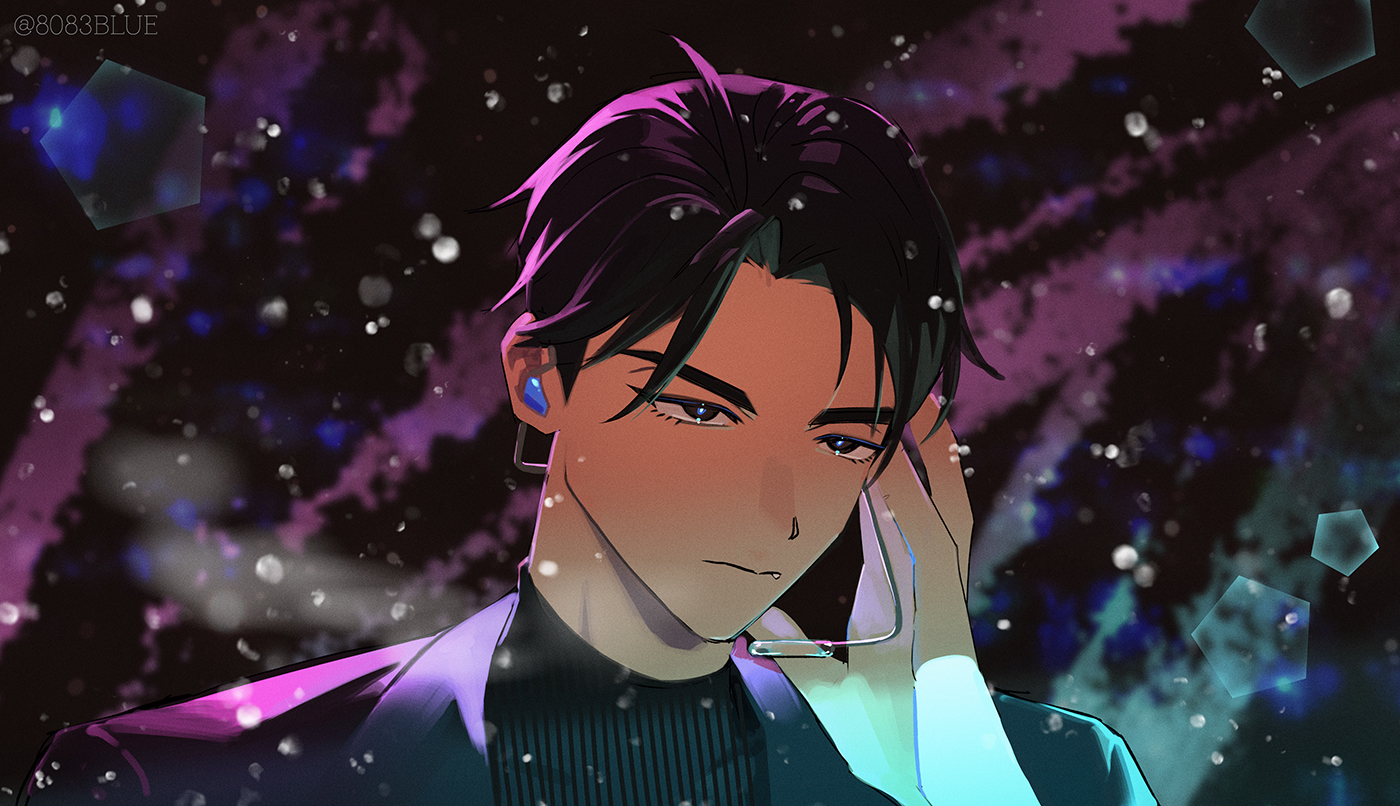 8083 blue, ivan (alien stage), alien stage, commentary, 1boy, black hair, black jacket, black shirt, closed mouth, eyelashes, fang, headset, jacket, male focus, purple background, ribbed shirt, shirt, short hair, solo, upper body