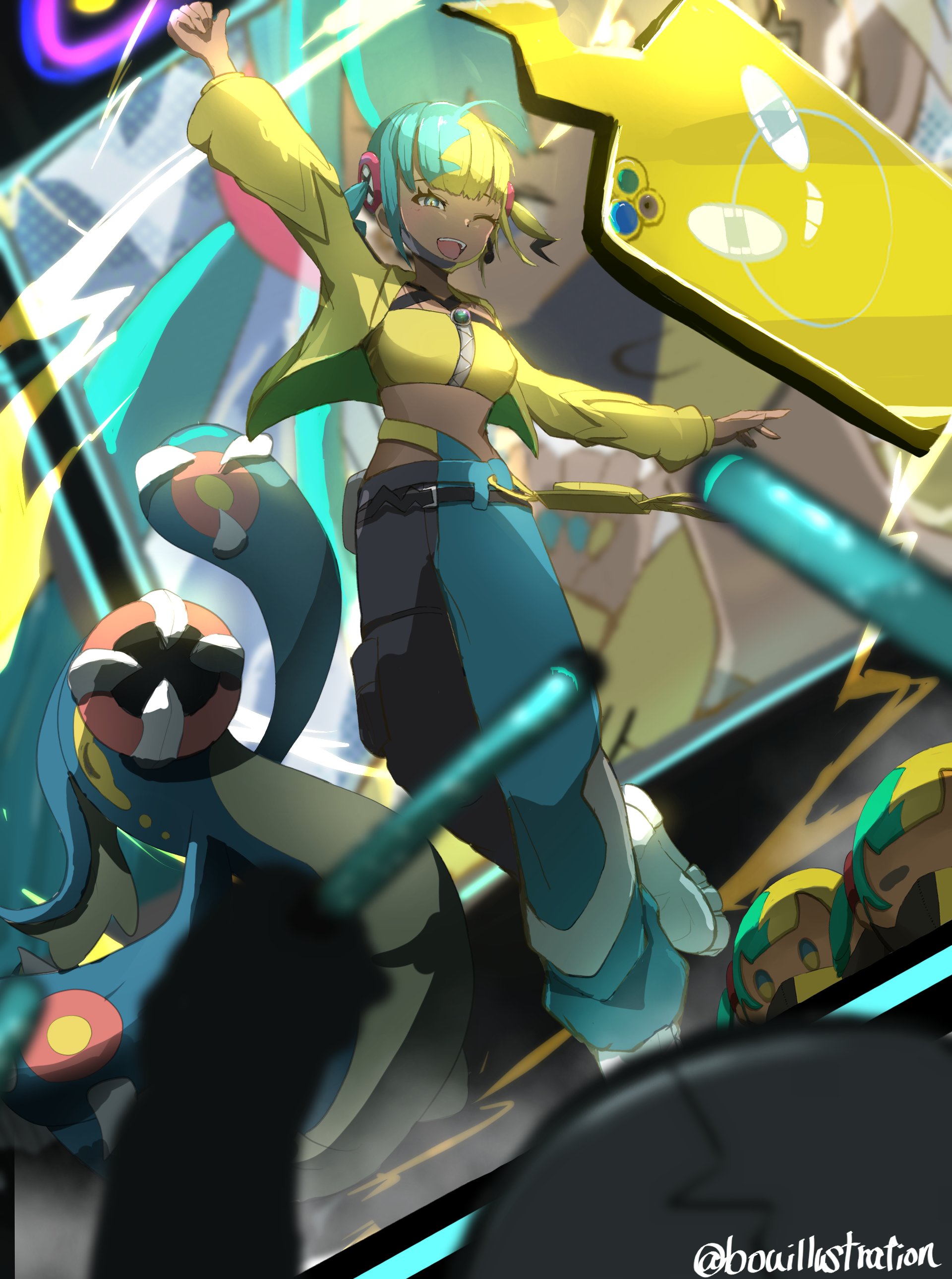 bo (bouillustration), canari (pokemon), eelektross, rotom, rotom phone, nintendo, pokemon, pokemon legends: z-a, absurdres, commentary request, highres, 1girl, aqua hair, bandeau, belt, black mask, blonde hair, blue eyes, breasts, center-flap bangs, criss-cross straps, crop top, cropped jacket, gen 4 pokemon, gen 5 pokemon, halterneck, jacket, looking at viewer, mask, mask pull, mega ring, mega stone, midriff, mouth mask, multicolored hair, navel, one eye closed, pants, short twintails, solo, split-color hair, stuffed toy, twintails, two-tone hair, two-tone mask, two-tone pants, yellow bandeau, yellow jacket, yellow mask