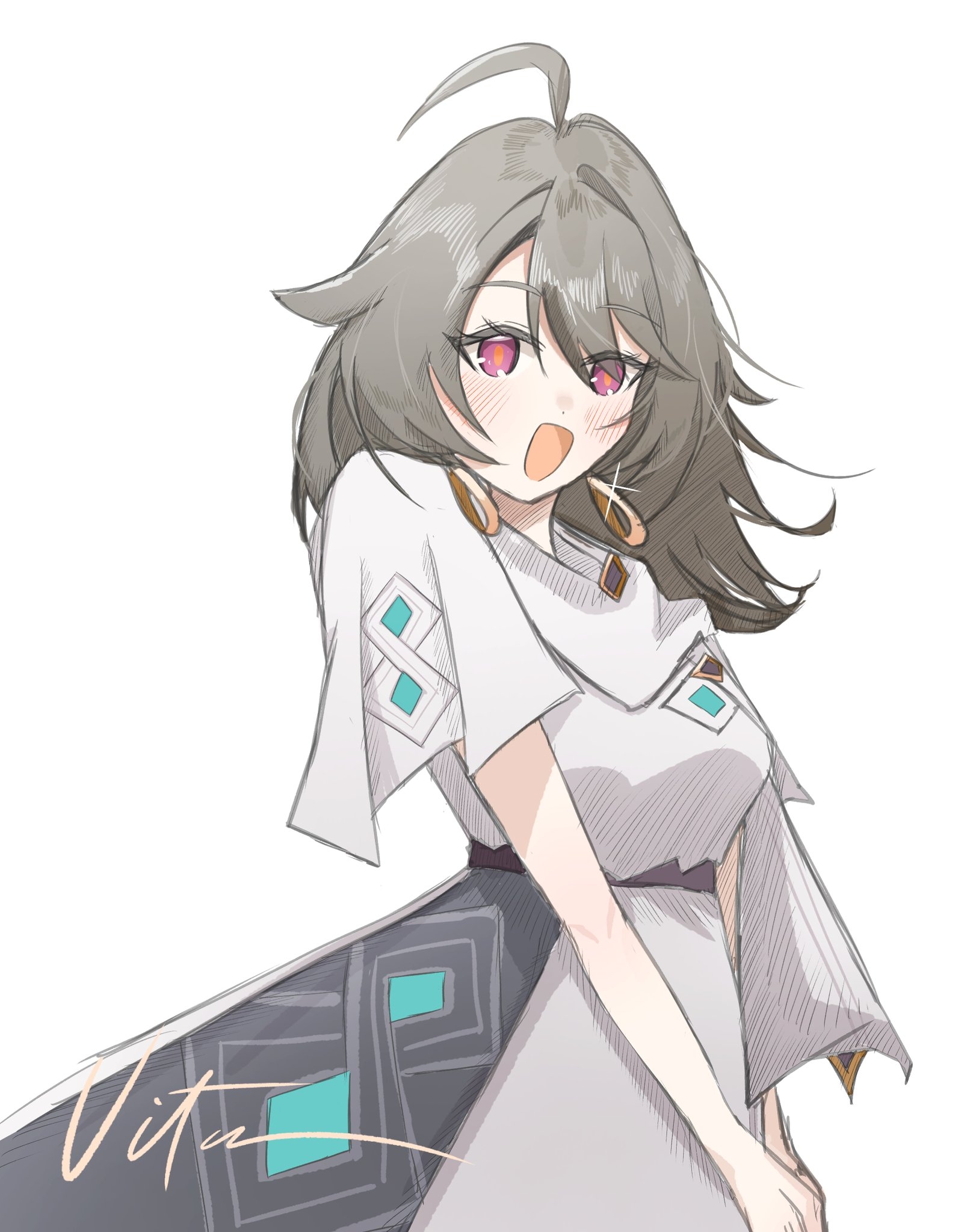 eria0909, vita (honkai impact), honkai (series), honkai impact 3rd, commentary request, highres, korean commentary, 1girl, blush, breasts, character name, dress, earrings, grey hair, hair between eyes, jewelry, long hair, looking at viewer, orange pupils, red eyes, simple background, smile, solo, white background