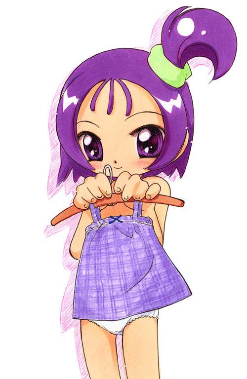 segawa onpu, ojamajo doremi, 1girl, blush, clothes hanger, dress, female focus, hair ornament, loli, long hair, looking at viewer, panties, ponytail, purple dress, purple eyes, purple hair, side ponytail, sleeveless, sleeveless dress, smile, solo, standing, topless female, underwear, white background, white panties