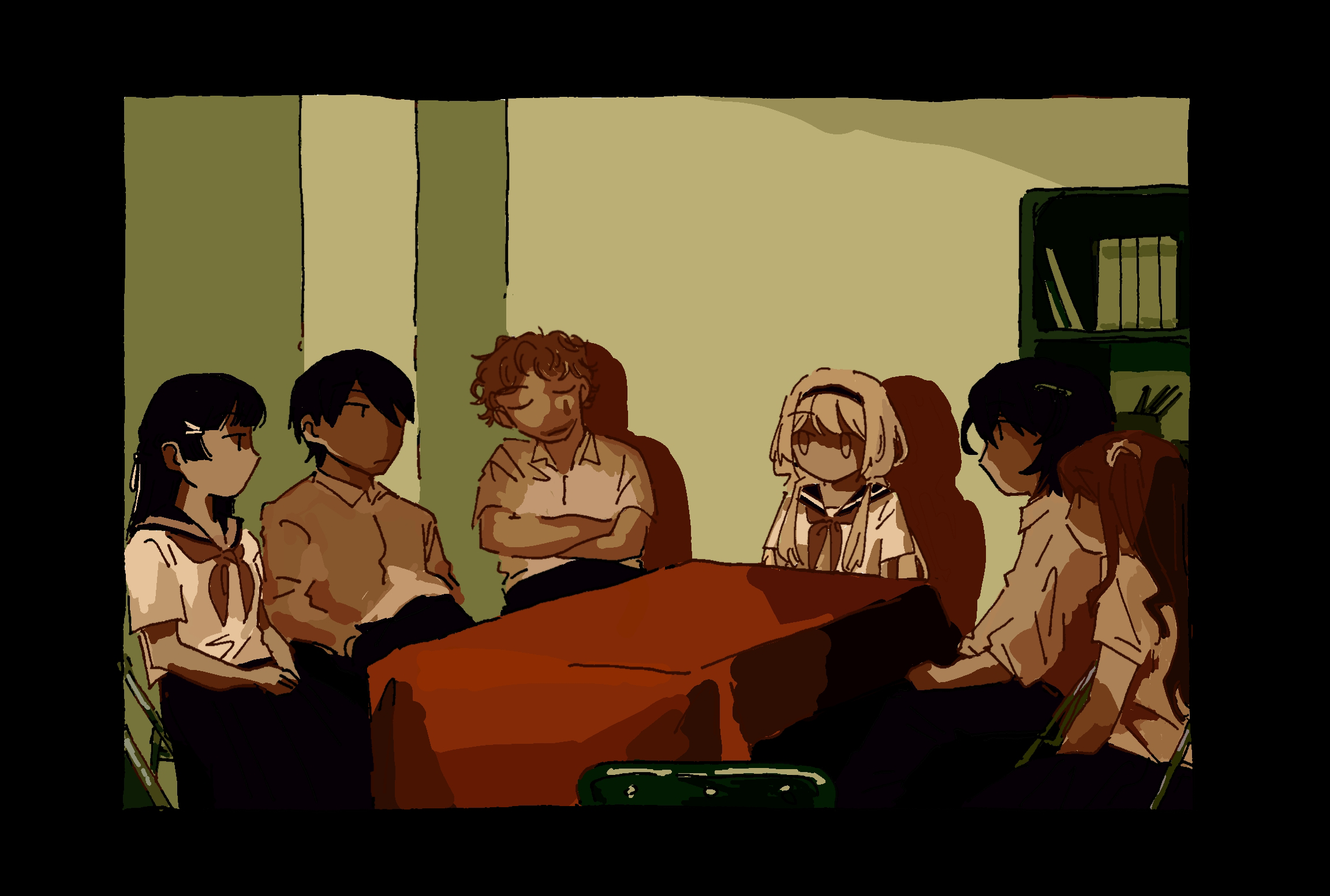 akabane youko, joe rikiichi, kenmochi touya, mashiro meme, suo sango, tsukino mito, gakkou de atta kowai hanashi, nijisanji, commentary request, highres, 3boys, 3girls, alternate costume, black border, black hair, bookshelf, border, chair, closed eyes, clown makeup, crossed arms, feet out of frame, folding chair, hairband, indoors, limited palette, long hair, looking at another, multiple boys, multiple girls, no mouth, on chair, parody, red hair, school uniform, serafuku, short hair, short sleeves, shouen (sho s975), sitting, table, tablecloth, teardrop facial mark, virtual youtuber, white hair
