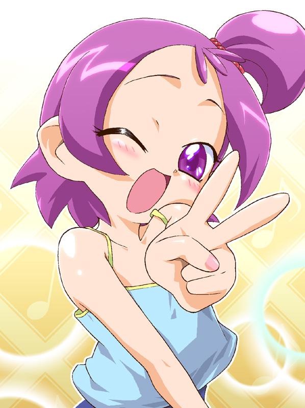 segawa onpu, ojamajo doremi, aliasing, 1girl, bare shoulders, blue shirt, blush, child, female focus, hair bobbles, hair ornament, musical note background, one eye closed, purple eyes, purple hair, shirt, side ponytail, solo, tank top, upper body, v, wink