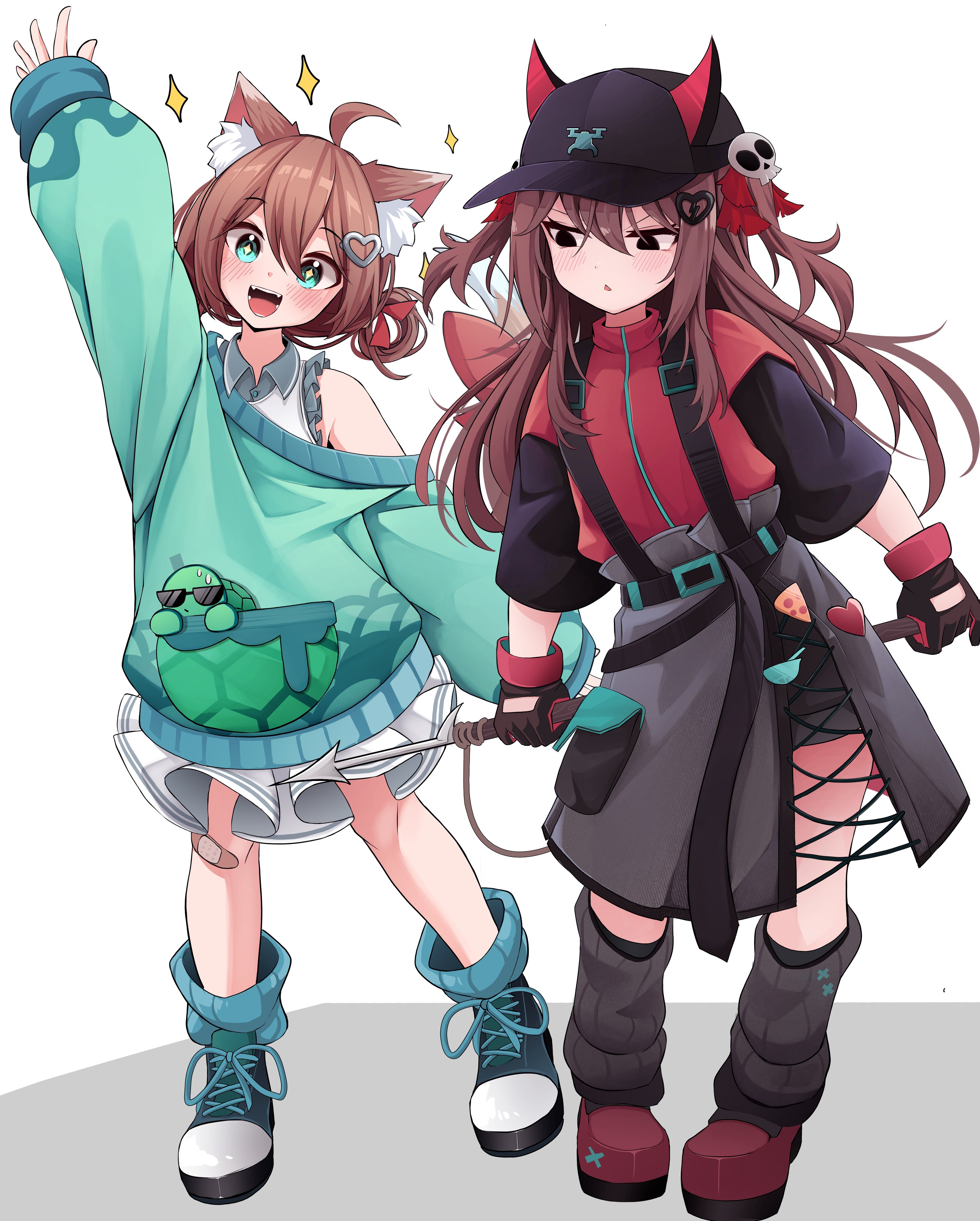 evil neuro-sama, neuro-sama, vedal987, absurdres, commentary, english commentary, highres, 2girls, ahoge, animal ears, arm up, bandaid, bandaid on knee, bandaid on leg, black eyes, black gloves, black hat, black shorts, black suspenders, blue eyes, boots, broken heart, broken heart hair ornament, brown hair, cat ears, cat tail, closed mouth, cross-laced clothes, cross-laced skirt, full body, gloves, green boots, green jacket, grey skirt, hair between eyes, hair ornament, hair rings, half-skirt, harpoon, hat, heart, holding harpoon, horned hat, jacket, leg warmers, long hair, medium skirt, multiple girls, open mouth, pigagooo, platform shoes, red jacket, red ribbon, red shoes, ribbon, shirt, shoes, short sleeves, shorts, siblings, simple background, sisters, skirt, skull hair ornament, sleeveless, sleeveless shirt, sparkle, sparkling eyes, standing, tail, triangle mouth, turtleneck, turtleneck jacket, twins, two side up, vedal ai, virtual youtuber, white background, white shirt, white skirt