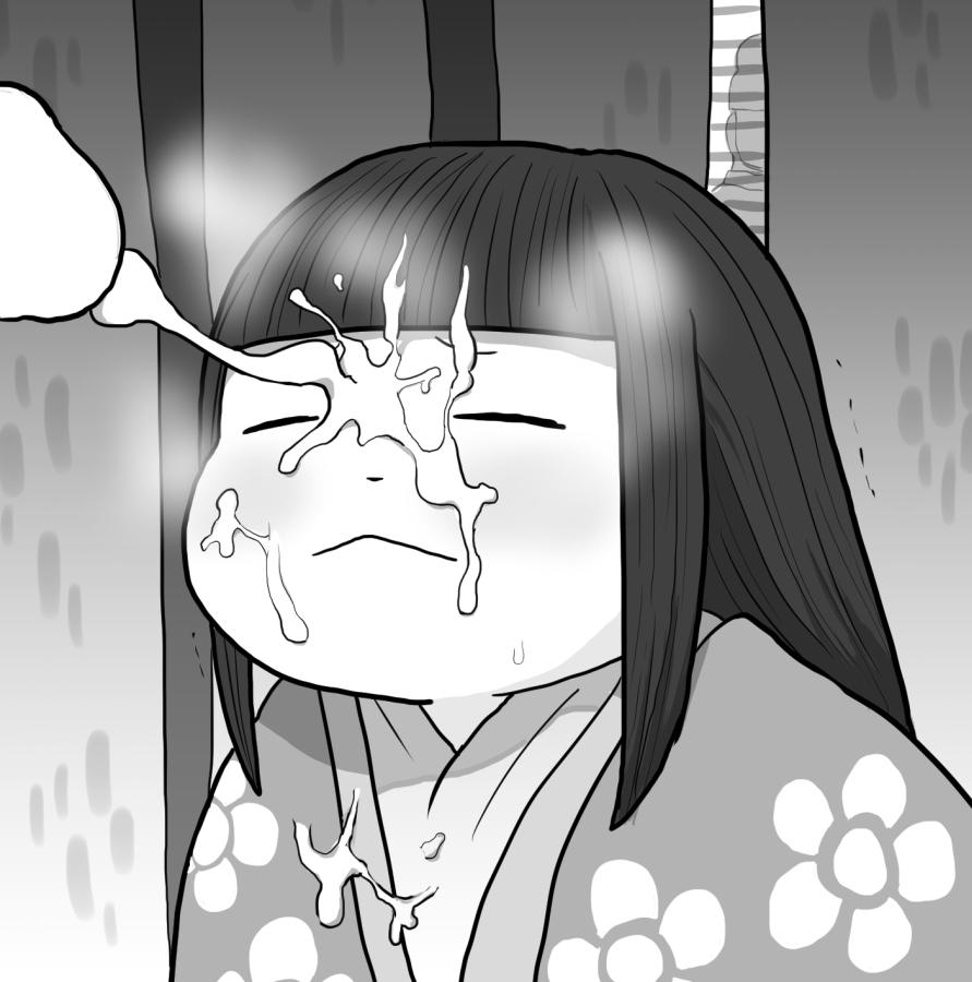 yoshino norihito, me no warawa, kaguya-hime no monogatari, 1boy, 1girl, 1other, :<, blank censor, blunt bangs, blush, censored, closed eyes, closed mouth, cum, cum on body, cum on clothes, cum string, curtains, facial, furrowed brow, greyscale, haori, hetero, japanese clothes, kimono, long hair, monochrome, penis, stealth sex, trembling, upper body