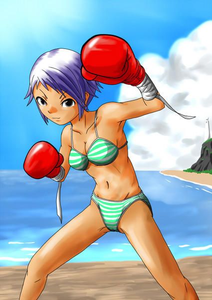 tagme, beach, bikini, boxing, boxing gloves, purple hair, swimsuit, tan