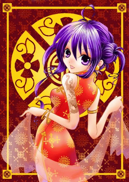 kakou akira, original, bare shoulders, china dress, chinese clothes, dress, looking back, purple eyes, purple hair, short hair, solo, tattoo