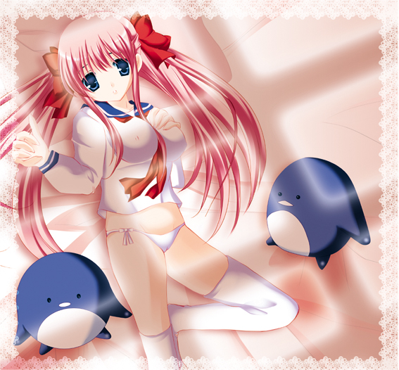 nakamura beta, etopen, haramura nodoka, saki (manga), 00s, 1girl, bird, blue eyes, covered erect nipples, female focus, no pants, panties, penguin, pink hair, school uniform, serafuku, solo, thighhighs, twintails, underwear, white panties