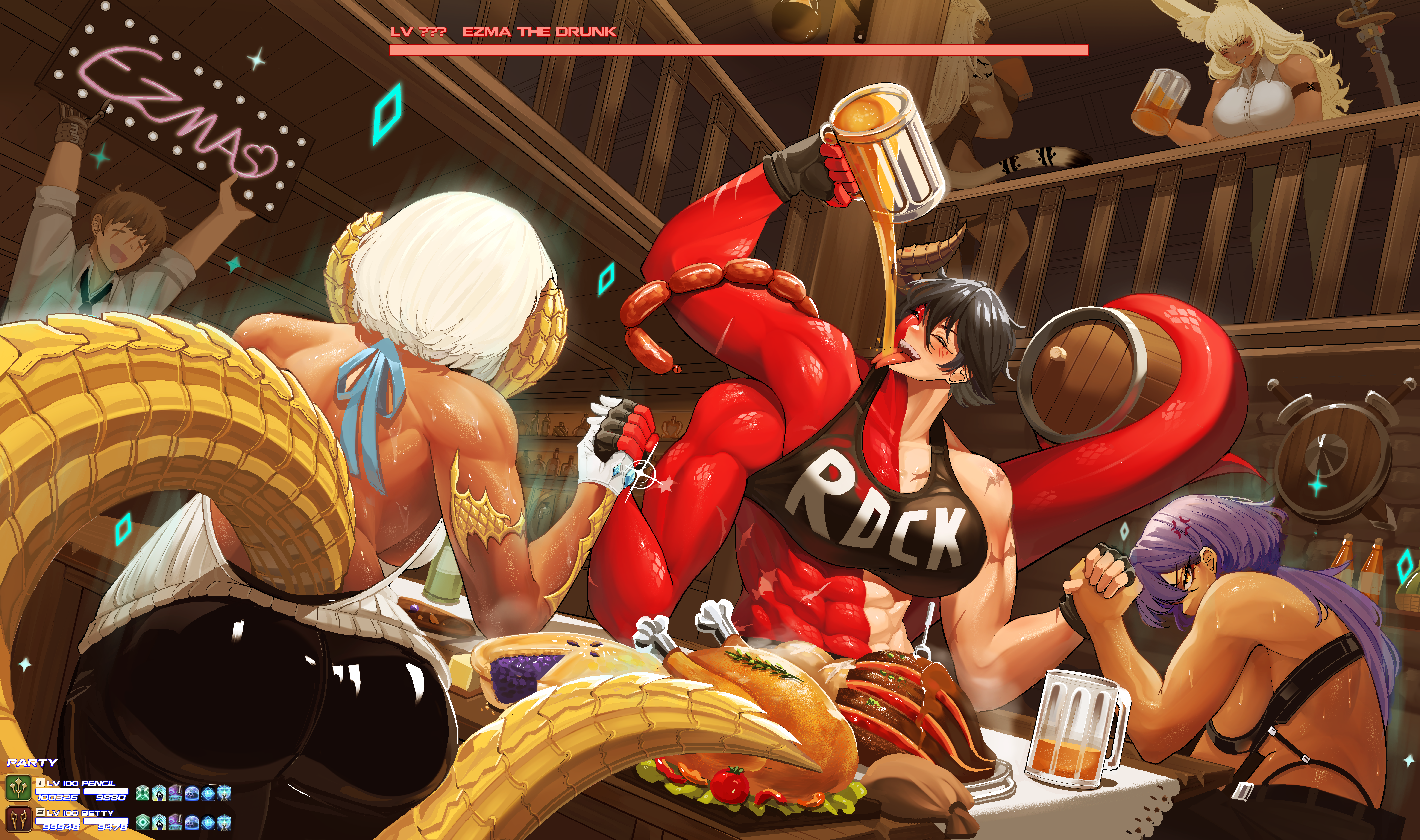 buttslayer, ezma, final fantasy, final fantasy xiv, original, absurdres, highres, abs, arm wrestling, ass, au ra, breasts, dark-skinned female, dark skin, drink, food, huge ass, midriff, multiple girls, muscular, muscular female, restaurant, sweat, white hair