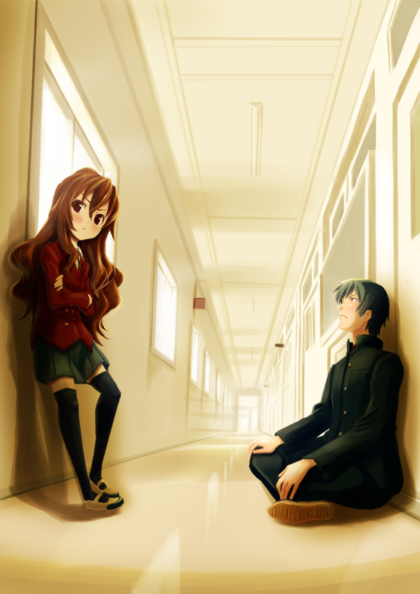 wadapen, aisaka taiga, takasu ryuuji, toradora!, 00s, black hair, blush, brown eyes, brown hair, hallway, long hair, school uniform, sitting, skirt, thighhighs, window, zettai ryouiki