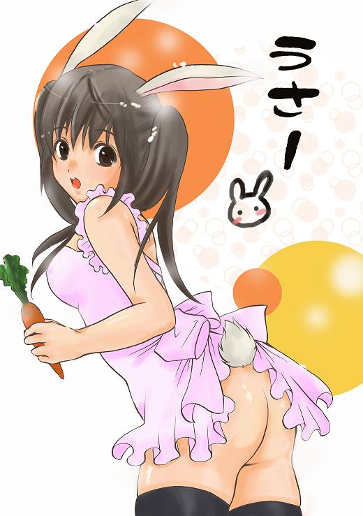 kaka, mi miko and ri riko, original, bad id, bad pixiv id, 1girl, animal ears, apron, ass, black eyes, black hair, brown eyes, carrot, female focus, long hair, no panties, rabbit ears, solo, tail, thighhighs, twintails