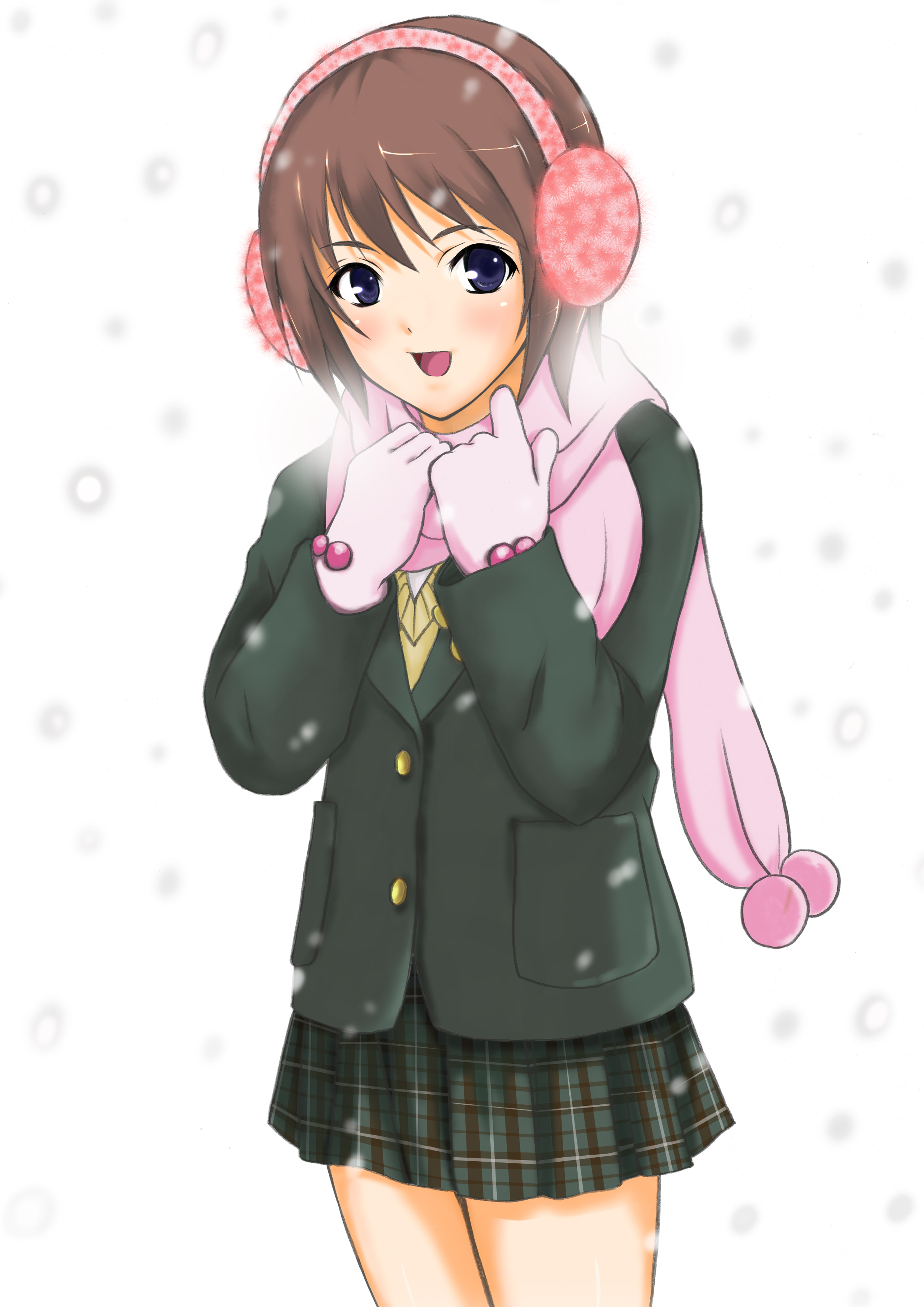 kaka, mi miko and ri riko, original, absurdres, bad id, bad pixiv id, highres, 1girl, blue eyes, blush, brown hair, earmuffs, female focus, gloves, jacket, plaid clothes, plaid skirt, scarf, school uniform, short hair, skirt, smile, snow, solo