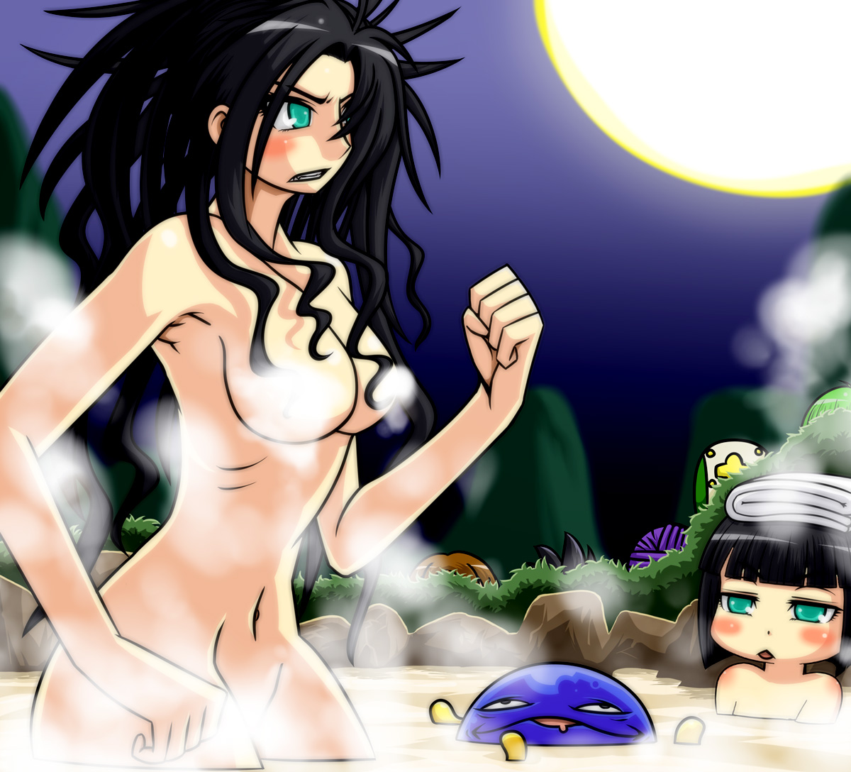 tonda, deborah (dq5), healslime, hero's daughter (dq5), hero's son (dq5), hero (dq5), pippin (dq5), sancho (dq5), dragon quest, dragon quest v, 2girls, 3boys, :<, age difference, angry, aqua eyes, black hair, breasts, brother and sister, censored, clenched teeth, clothed male nude female, convenient censoring, father and daughter, father and son, green eyes, groin, hair over one eye, large breasts, moon, mother and daughter, mother and son, multiple boys, multiple girls, night, nude, object on head, onsen, outdoors, partially submerged, siblings, steam, steam censor, teeth, towel, towel on head, twins, voyeurism, wading, water