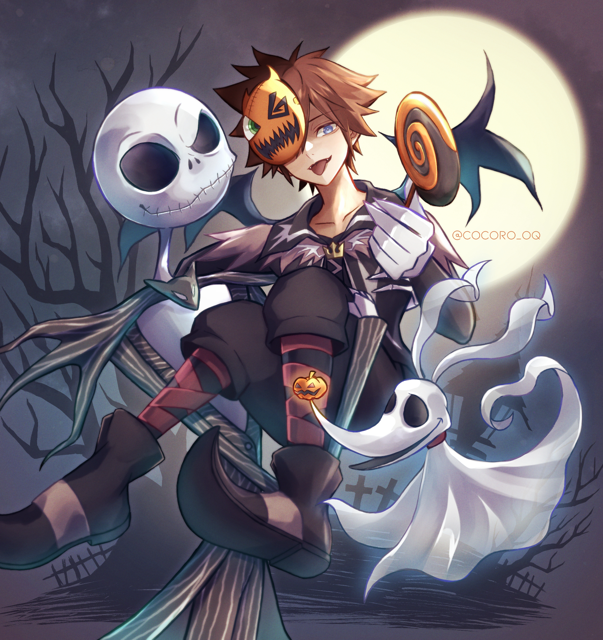 cocoro oq, jack skellington, sora (halloween town) (kingdom hearts), sora (kingdom hearts), zero (nbc), kingdom hearts, the nightmare before christmas, commentary request, highres, 2boys, bat wings, blue eyes, brown hair, candy, carrying, carrying person, fangs, food, food-themed hair ornament, full moon, ghost, hair ornament, holding, holding candy, holding food, holding lollipop, lollipop, looking at viewer, moon, multiple boys, night, official alternate costume, outdoors, pumpkin hair ornament, short hair, skeleton, spiked hair, swirl lollipop, tongue, tongue out, wings