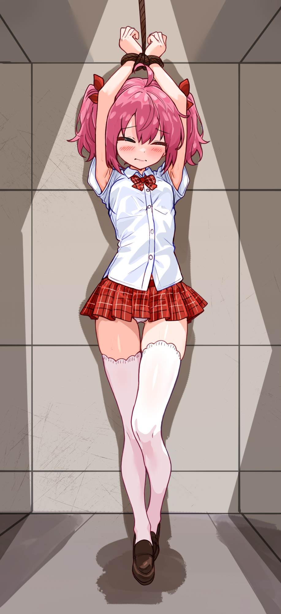 bakasp-lilzy, character request, commentary, commission, copyright request, english commentary, highres, large variant set, pixiv commission, variant set, 1girl, ahoge, armpits, arms up, bdsm, blush, bondage, bound, bound wrists, bow, brown shoes, closed eyes, closed mouth, collared shirt, double-parted bangs, full body, hair bow, indoors, loafers, medium hair, microskirt, panties, pink hair, plaid clothes, plaid skirt, pleated skirt, raised inner eyebrows, red bow, red skirt, rope, school uniform, shirt, shoes, short sleeves, skirt, solo, standing, thighhighs, twintails, underwear, white panties, white shirt, white thighhighs, wing collar, zettai ryouiki