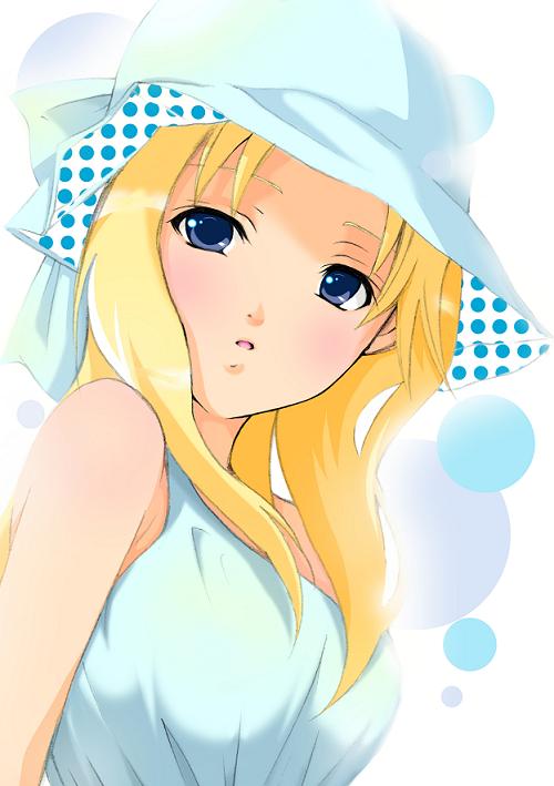 kaka, mi miko and ri riko, bad id, bad pixiv id, 1girl, bare shoulders, blonde hair, blue eyes, blush, breasts, female focus, hat, long hair, solo