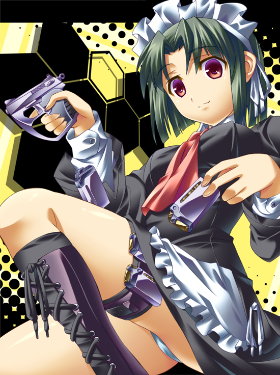 ibuki (pixiv150362), ibuki mana, original, bad id, bad pixiv id, boots, green hair, gun, maid, necktie, panties, red eyes, solo, underwear, upskirt, weapon