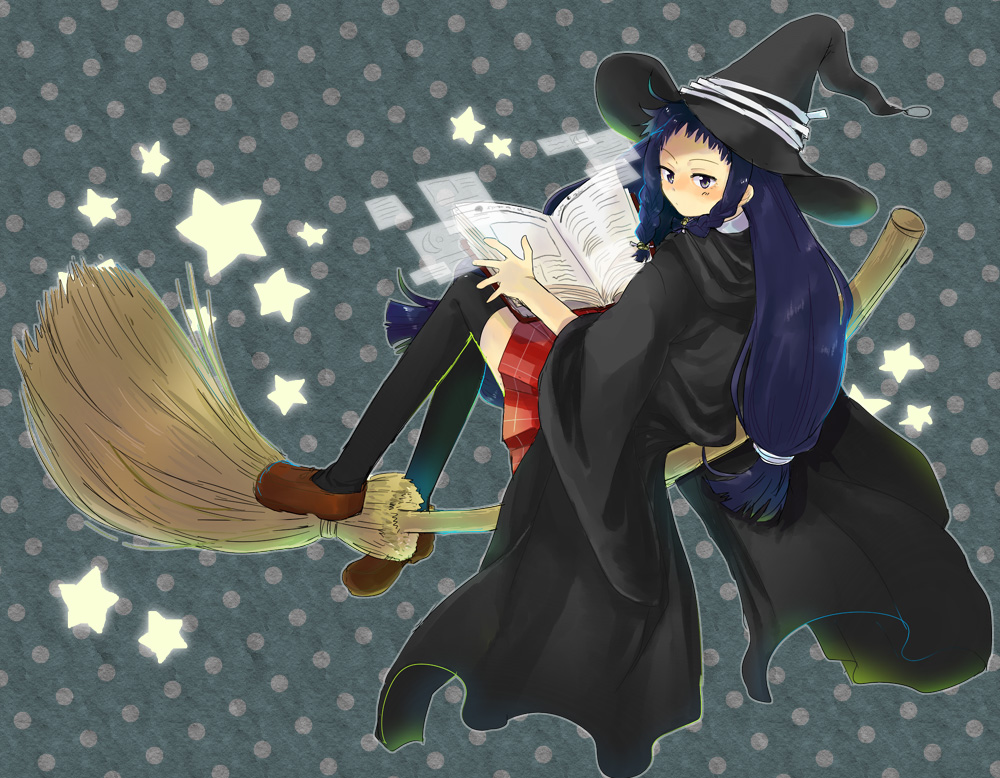 teteko, ayase yue, mahou sensei negima!, bad id, bad pixiv id, 00s, 1girl, bell, blue hair, book, braid, broom, cape, female focus, flying, hat, long hair, orbis sensualium pictus, plaid clothes, plaid skirt, polka dot, polka dot background, purple eyes, skirt, solo, star (symbol), thighhighs, twin braids, twintails, witch, witch hat, zettai ryouiki