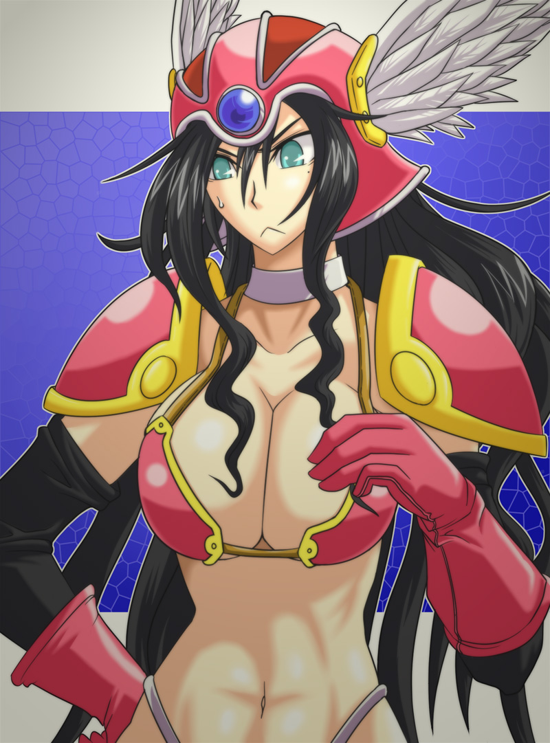 tonda, deborah (dq5), warrior (dq3), chunsoft, dragon quest, dragon quest iii, dragon quest v, enix, 1girl, :<, armor, bikini armor, black hair, breasts, choker, cleavage, cosplay, elbow gloves, female focus, gloves, green eyes, helmet, medium breasts, mole, mole under eye, solo, warrior (dq3) (cosplay)