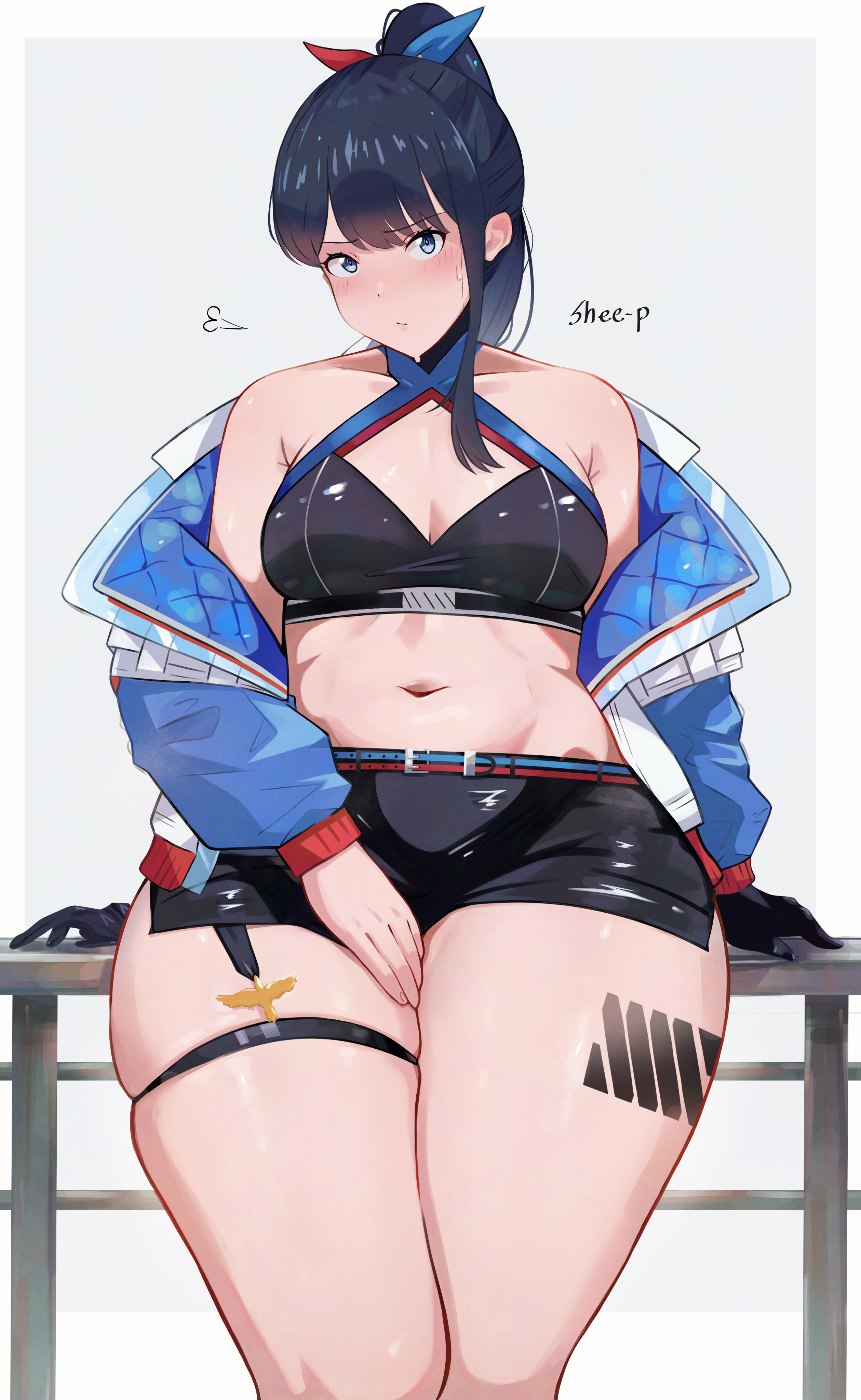 shee-p (inemurisheep113), takarada rikka, gridman universe, absurdres, highres, 1girl, black gloves, black hair, black shorts, blue eyes, blush, border, bow, breasts, cleavage, closed mouth, collarbone, curvy, gloves, grey background, hand in pocket, jacket, long hair, looking at viewer, multicolored bow, navel, official alternate costume, open clothes, open jacket, ponytail, railing, short shorts, shorts, sidelocks, simple background, small breasts, socks, solo, thick thighs, thigh strap, thighs, unworn gloves, white border