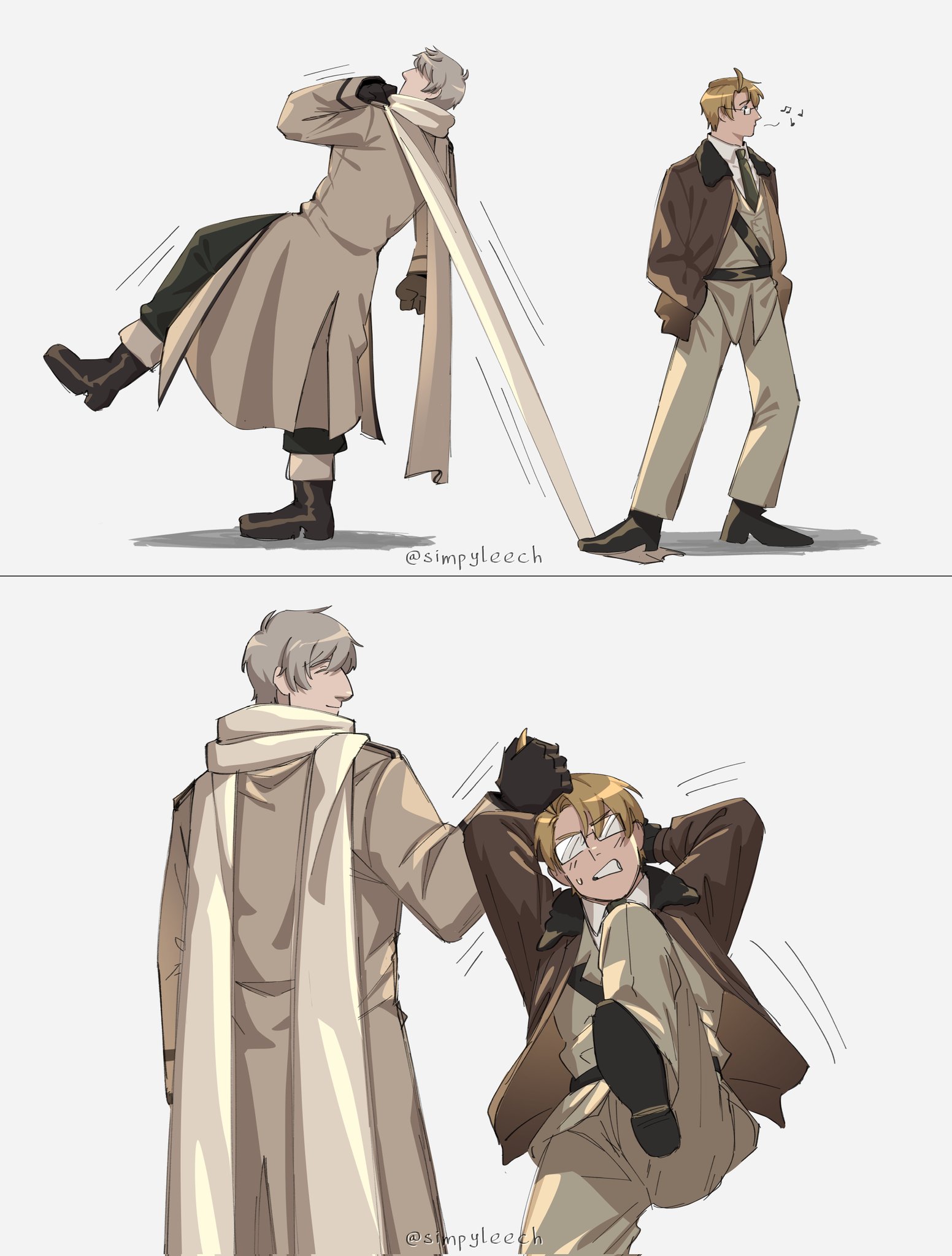 america (hetalia), russia (hetalia), axis powers hetalia, commentary, english commentary, highres, 2boys, ahoge, artist name, baggy pants, belt, black-framed eyewear, black belt, black boots, black gloves, black shoes, blonde hair, boots, breast pocket, brown jacket, clenched hands, closed eyes, closed mouth, coat, collared shirt, cowboy shot, faceless, faceless male, full body, fur-trimmed jacket, fur trim, glasses, gloves, grabbing another's hair, green necktie, green pants, grey background, grey coat, grey hair, grey jacket, grey pants, hand up, hands in pockets, holding another's hair, jacket, lapels, long sleeves, male focus, multiple boys, multiple views, musical note, necktie, open clothes, open jacket, pants, pocket, puffy long sleeves, puffy sleeves, scarf, semi-rimless eyewear, shadow, shirt, shoes, short hair, simple background, simpyleech, smile, standing, standing on one leg, sweat, teeth, v-shaped eyebrows, white scarf, white shirt