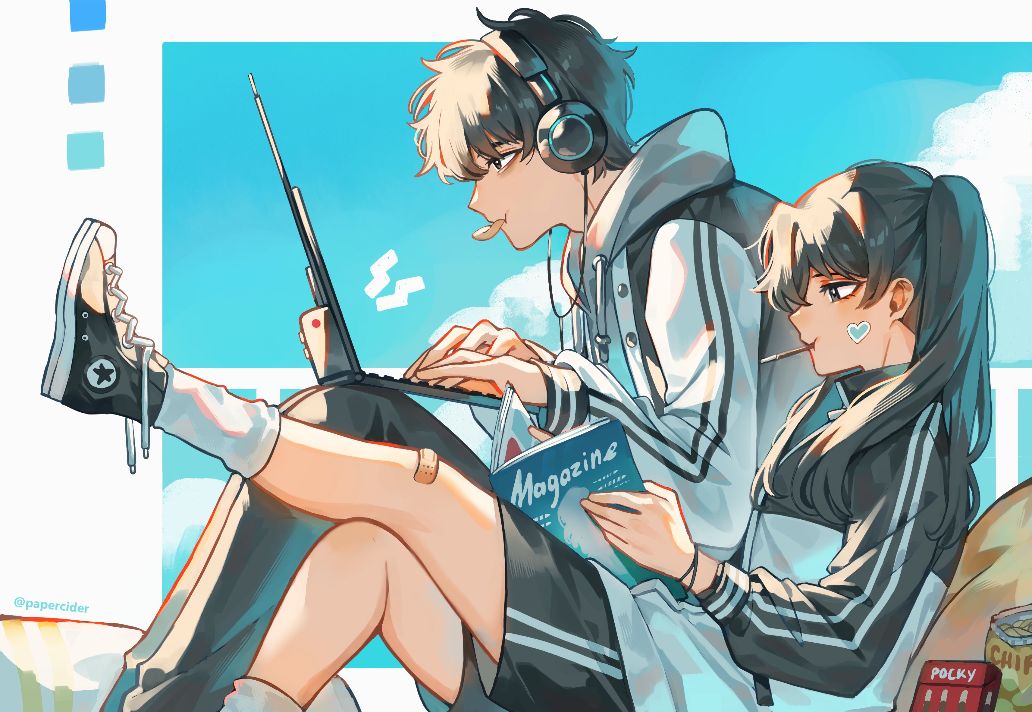 papercider, yoo mia, omniscient reader's viewpoint, absurdres, commentary, english commentary, highres, 1boy, 1girl, alternate costume, bags under eyes, balcony, bandaid, bandaid on knee, bandaid on leg, black hair, border, chips (food), cloud, cloudy sky, computer, curtained hair, day, feet out of frame, food, food in mouth, foot up, hair over shoulder, han donghoon (omniscient reader's viewpoint), headphones, heart, heart sticker, holding, holding laptop, holding magazine, hood, hood down, knees up, laptop, magazine (object), outside border, pocky, pocky in mouth, ponytail, railing, reading, scar, scar on face, serious, short hair, sky, slouching, sticker, striped clothes, twintails, two-tone hoodie, white border