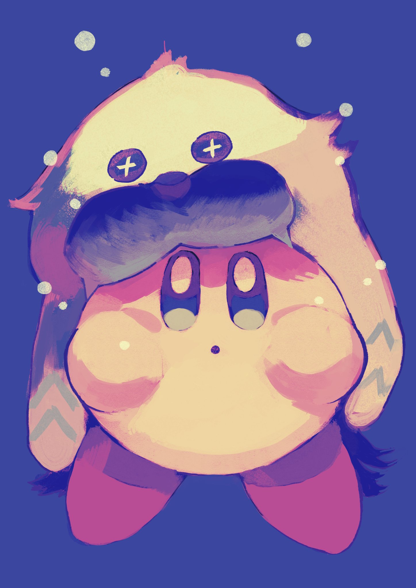 purano7, kirby, kirby (series), nintendo, highres, :o, animal hat, blue background, blush stickers, full body, hat, looking at viewer, no humans, open mouth, shoes, simple background, snow, solo