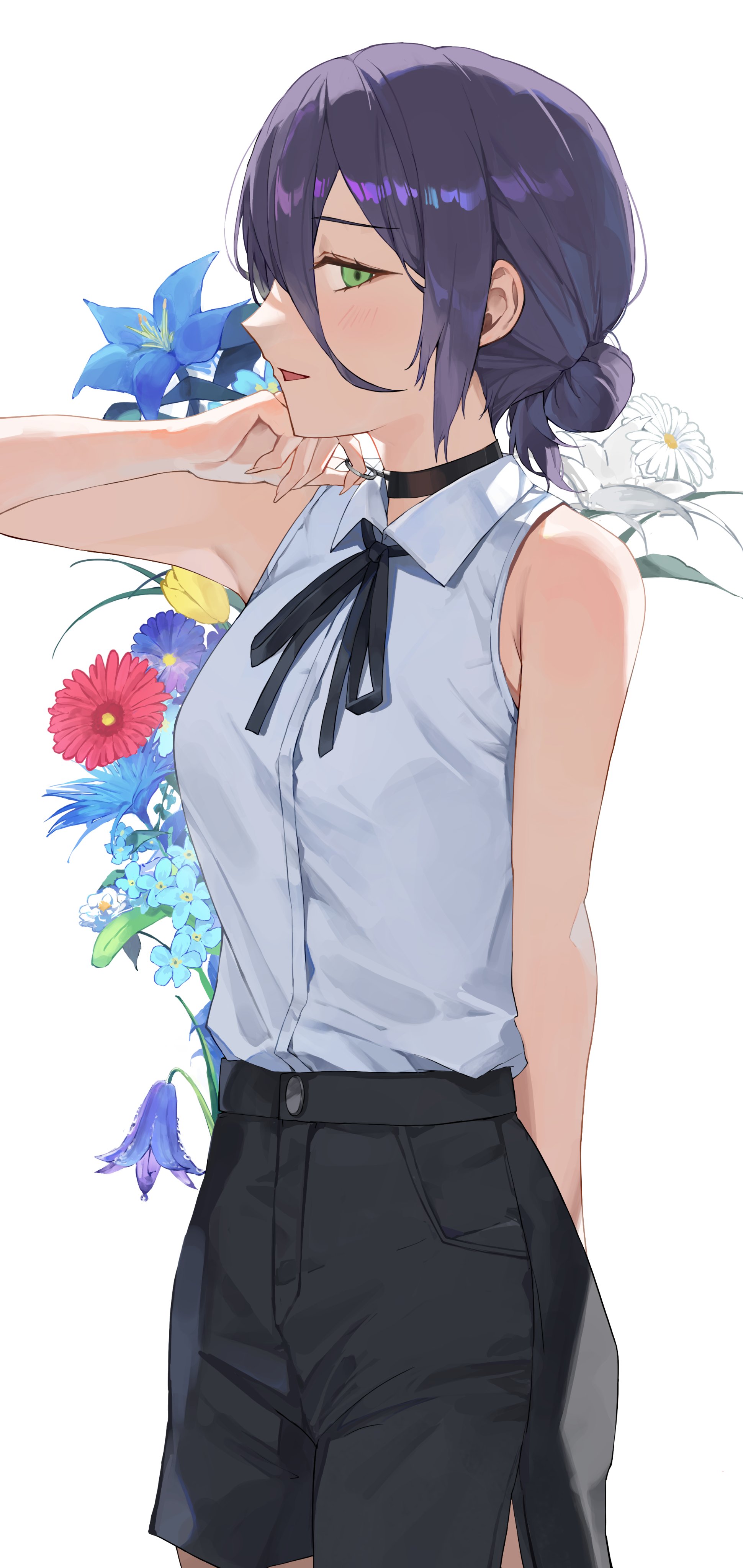 dawon, reze (chainsaw man), chainsaw man, absurdres, highres, 1girl, black choker, black hair, black ribbon, black shorts, choker, collared shirt, cowboy shot, flower, from side, green eyes, grenade pin, hair between eyes, hair bun, hand up, long hair between eyes, looking at viewer, neck ribbon, open mouth, profile, ribbon, shirt, shirt tucked in, shorts, simple background, sleeveless, sleeveless shirt, solo, white background, white shirt