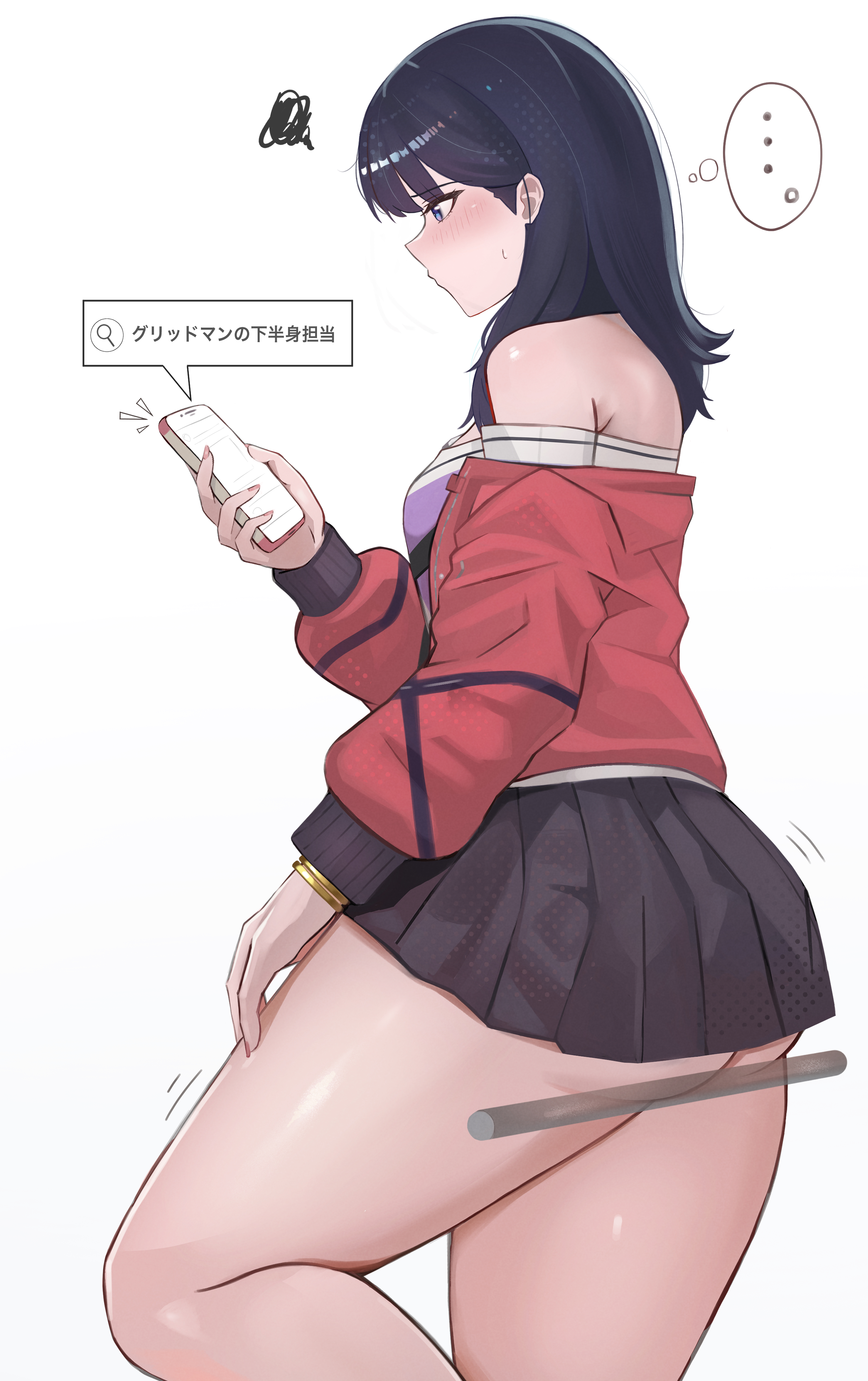 shee-p (inemurisheep113), takarada rikka, gridman universe, ssss.gridman, absurdres, commentary request, highres, …, 1girl, ass, bare shoulders, black hair, black skirt, blue eyes, blush, cellphone, holding, holding phone, jacket, long hair, long sleeves, phone, pleated skirt, purple shirt, red jacket, shirt, simple background, skirt, smartphone, solo, speech bubble, spoken squiggle, squiggle, standing, strapless, strapless shirt, thick thighs, thighs, thought bubble, white background