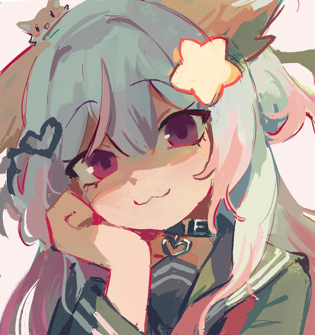 pasharuu, annytf, indie virtual youtuber, commentary, 1girl, :3, animal ears, black collar, black sailor collar, black serafuku, closed mouth, collar, fox ears, fox girl, hair between eyes, hair ornament, heart, heart hair ornament, heterochromia, long hair, looking at viewer, multicolored hair, pink eyes, pink hair, purple eyes, sailor collar, school uniform, serafuku, solo, star (symbol), star hair ornament, streaked hair, upper body, virtual youtuber, white background, white hair