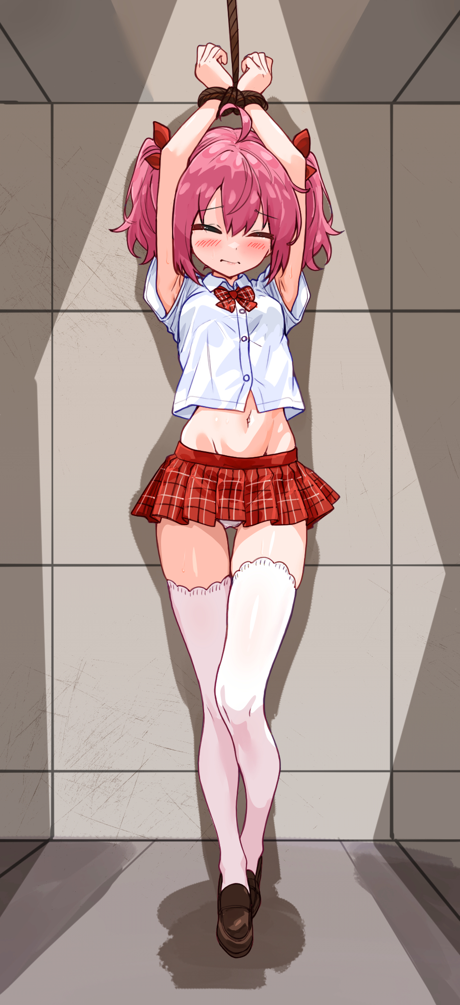 bakasp-lilzy, character request, commentary, commission, copyright request, english commentary, highres, large variant set, pixiv commission, variant set, 1girl, ahoge, armpits, arms up, bdsm, blush, bondage, bound, bound wrists, bow, brown shoes, closed eyes, closed mouth, collared shirt, crop top, cropped shirt, double-parted bangs, full body, groin, hair bow, indoors, loafers, medium hair, microskirt, midriff, navel, panties, pink hair, plaid clothes, plaid skirt, pleated skirt, raised inner eyebrows, red bow, red skirt, rope, school uniform, shirt, shoes, short sleeves, skirt, solo, standing, thighhighs, twintails, underwear, white panties, white shirt, white thighhighs, wing collar, zettai ryouiki