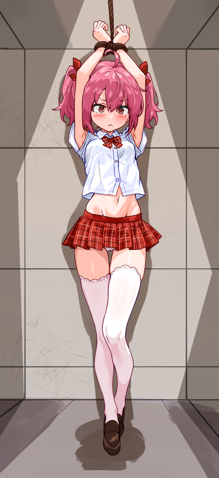 bakasp-lilzy, character request, commentary, commission, copyright request, english commentary, highres, large variant set, pixiv commission, variant set, 1girl, ahoge, armpits, arms up, bdsm, blush, bondage, bound, bound wrists, bow, brown eyes, brown shoes, closed mouth, collared shirt, crop top, cropped shirt, double-parted bangs, frown, full body, groin, hair bow, indoors, loafers, medium hair, microskirt, midriff, navel, panties, pink hair, plaid clothes, plaid skirt, pleated skirt, red bow, red skirt, rope, school uniform, shirt, shoes, short sleeves, skirt, solo, standing, thighhighs, twintails, underwear, v-shaped eyebrows, white panties, white shirt, white thighhighs, wing collar, zettai ryouiki