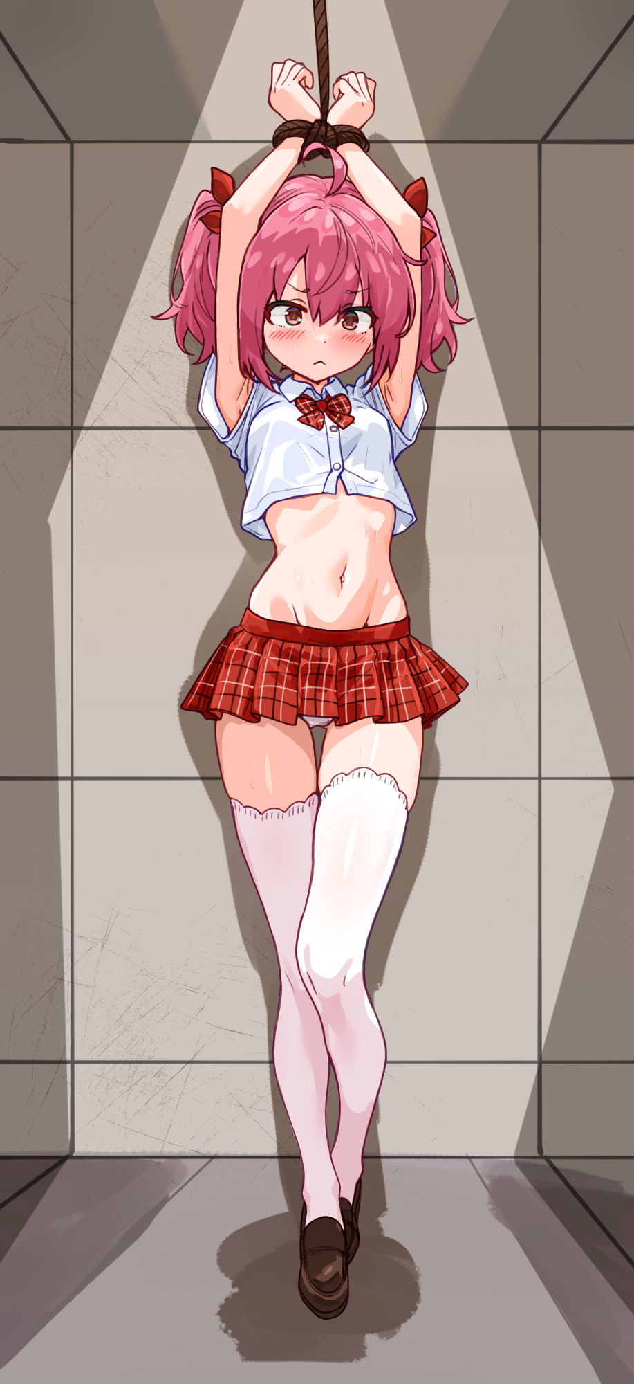 bakasp-lilzy, character request, commentary, commission, copyright request, english commentary, highres, large variant set, pixiv commission, variant set, 1girl, ahoge, armpits, arms up, bdsm, blush, bondage, bound, bound wrists, bow, brown eyes, brown shoes, closed mouth, collared shirt, crop top, cropped shirt, double-parted bangs, frown, full body, groin, hair bow, indoors, loafers, medium hair, microskirt, navel, panties, pink hair, plaid clothes, plaid skirt, pleated skirt, red bow, red skirt, revealing clothes, rope, school uniform, shirt, shoes, short sleeves, skirt, solo, standing, stomach, thighhighs, twintails, underwear, v-shaped eyebrows, white panties, white shirt, white thighhighs, wing collar, zettai ryouiki