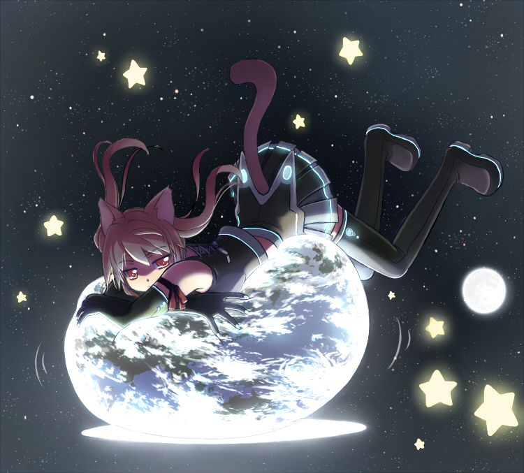 ga9, mochizuki saku, original, animal ears, ball, boots, cat ears, cat tail, earth (planet), elbow gloves, gloves, long hair, planet, purple eyes, red eyes, red hair, sitting, skirt, solo, space, star (symbol), tail, thigh boots, thighhighs, twintails