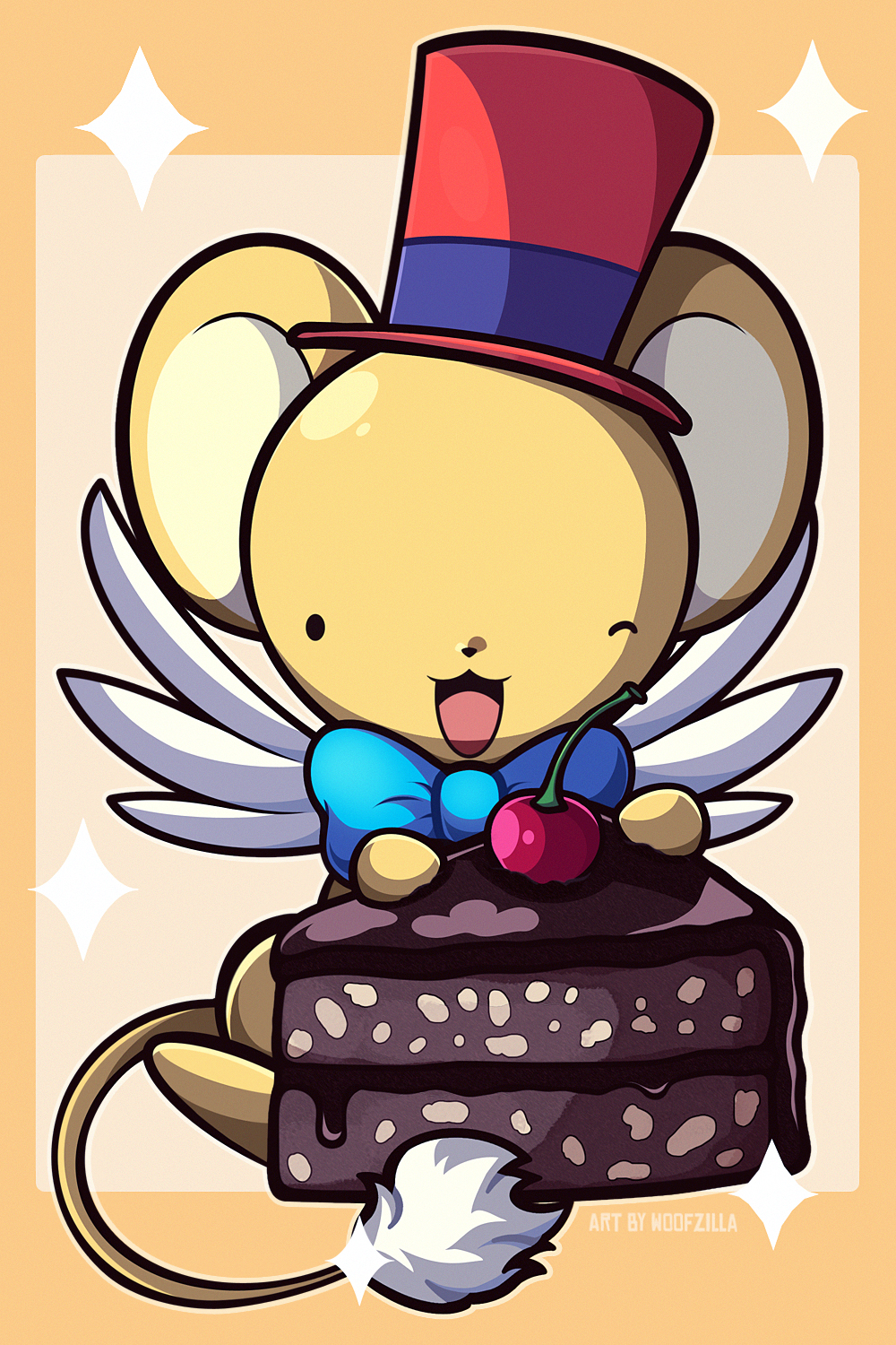 woofzilla, kero (cardcaptor sakura), cardcaptor sakura, commentary, english commentary, highres, animal focus, artist name, blue bow, blue bowtie, border, bow, bowtie, cake, cake slice, food, hat, no humans, one eye closed, open mouth, orange border, red hat, solo, sparkle, top hat