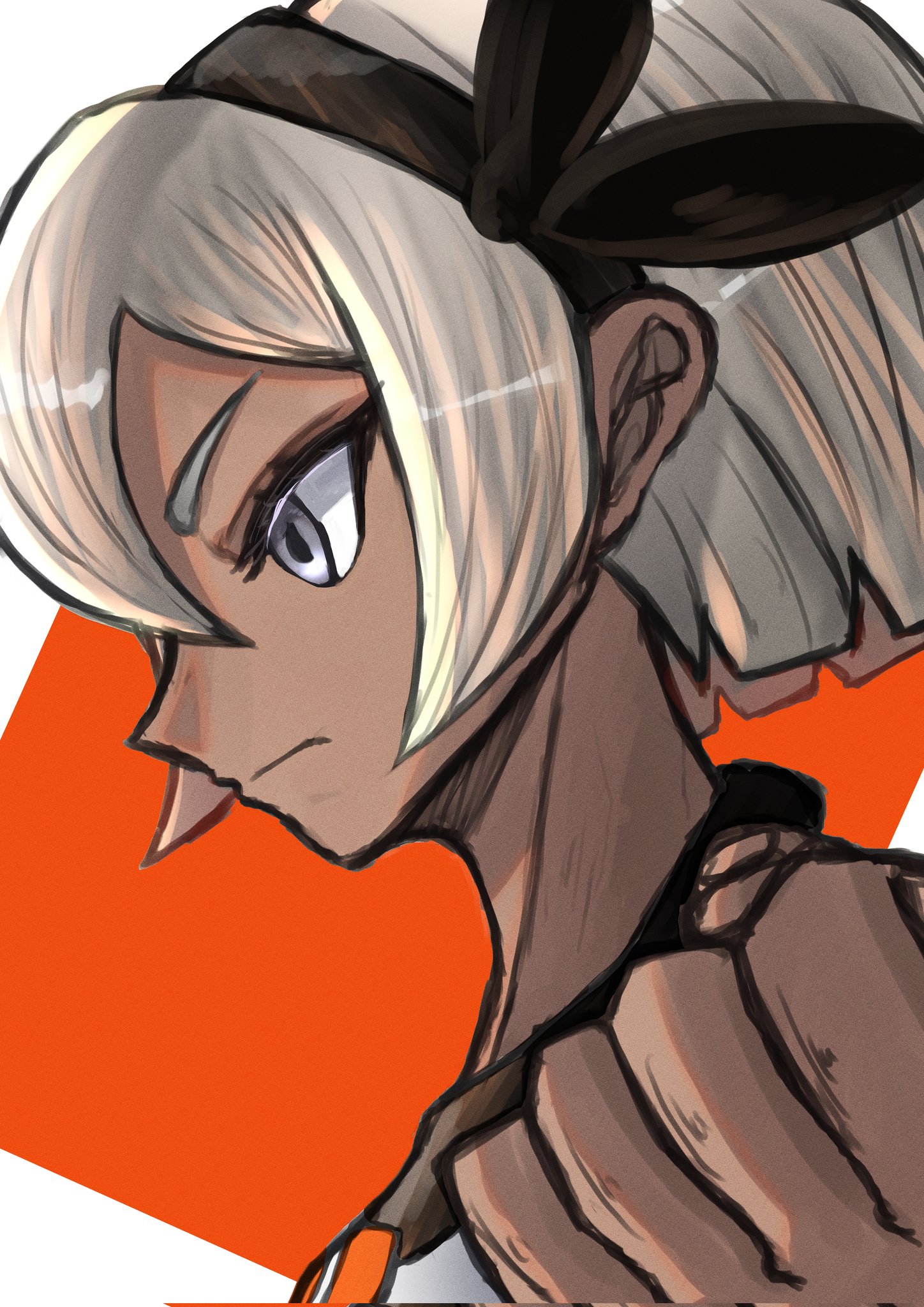 zeroartwo, bea (pokemon), nintendo, pokemon, pokemon swsh, commentary, highres, 1girl, black hairband, blonde hair, bow hairband, clenched hand, closed mouth, eyelashes, from side, frown, grey eyes, hairband, hand up, looking down, portrait, print shirt, shirt, short hair, solo