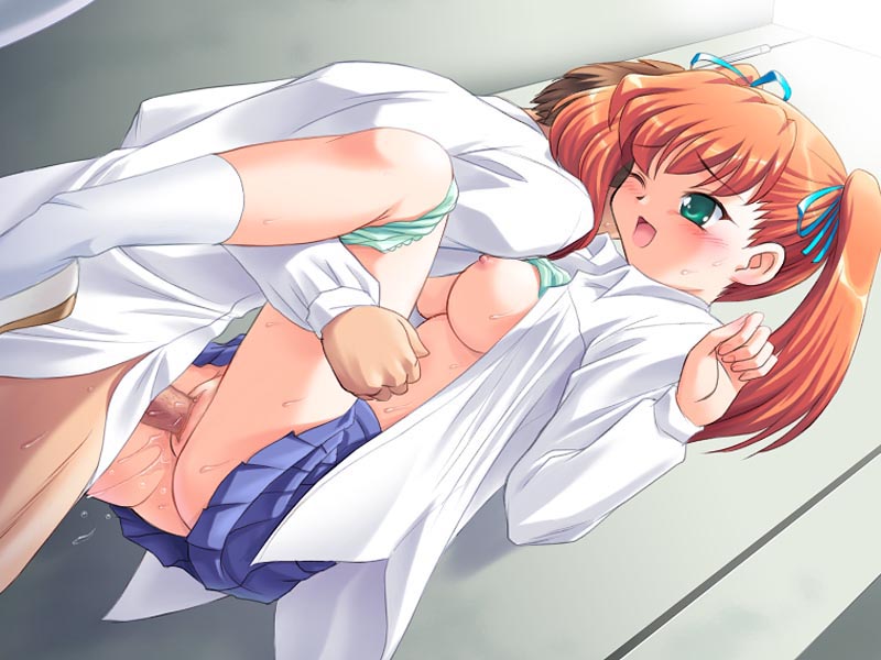 1girl, blush, clothed sex, penis, school uniform, sex, smile, uncensored, underwear, wink
