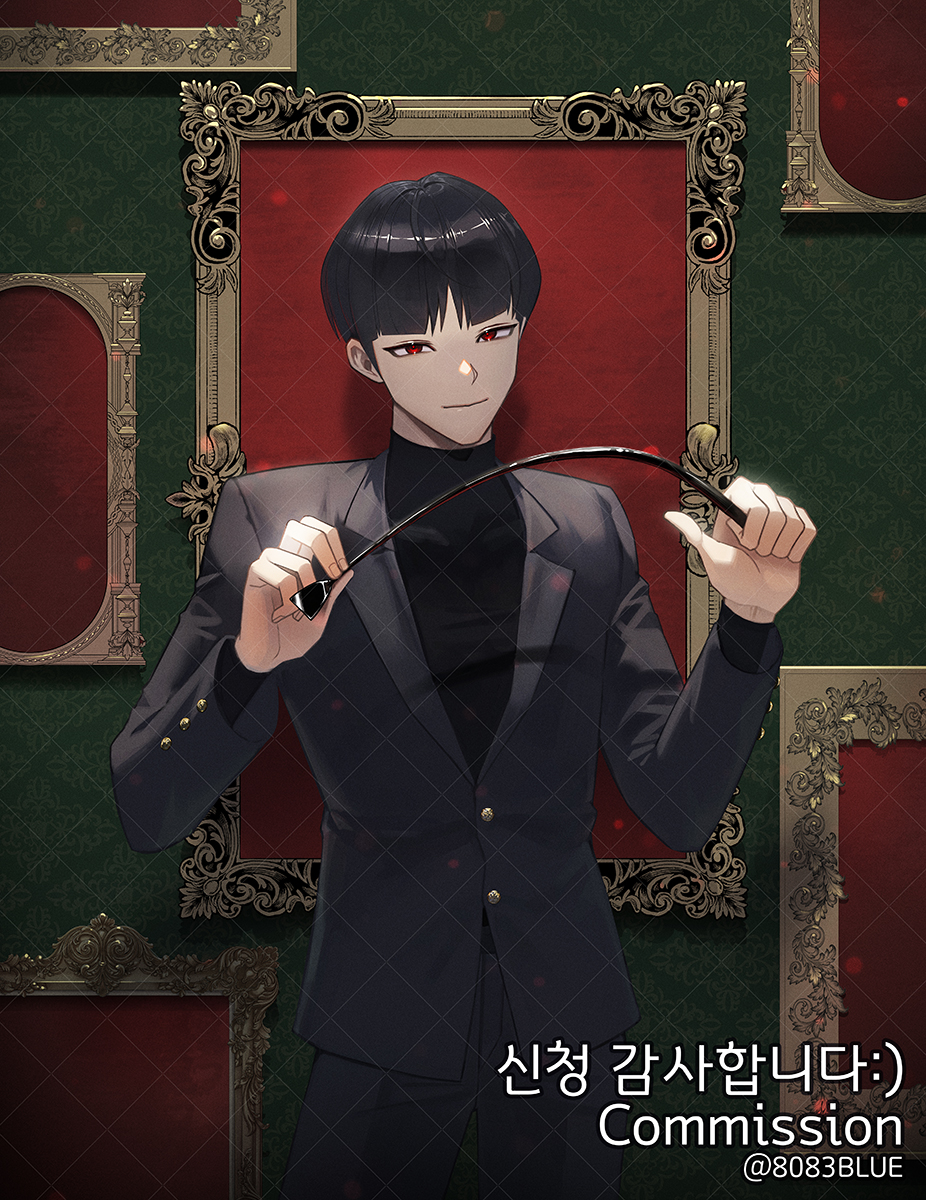 8083 blue, hoshina soshiro, kaijuu no. 8, commission, highres, translation request, 1boy, black hair, black jacket, black shirt, blunt bangs, closed mouth, cowboy shot, empty picture frame, jacket, korean text, long sleeves, looking at viewer, male focus, picture frame, red eyes, riding crop, shirt, solo, twitter username, wallpaper (object)