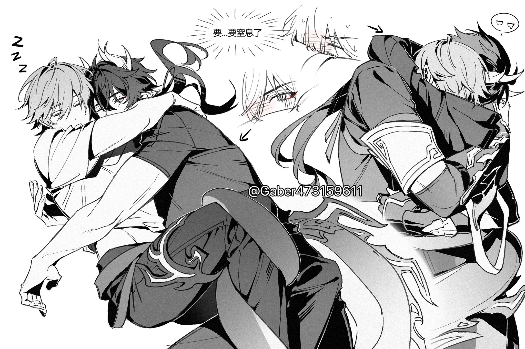 gaber473159611, caelus (honkai: star rail), dan heng (honkai: star rail), dan heng (permansor terrae) (honkai: star rail), trailblazer (honkai: star rail), honkai: star rail, honkai (series), commentary request, highres, translation request, 2boys, arms around neck, blush, closed eyes, cuddling, dragon boy, dragon horns, dragon tail, greyscale, hood, hood down, hooded jacket, horns, image in speech bubble, jacket, long hair, long sleeves, male focus, monochrome, multiple boys, multiple views, official alternate costume, one eye closed, open mouth, pants, ponytail, shirt, short sleeves, sleeping, speech bubble, sweat, t-shirt, tail, tail wrap, twitter username, white background, yaoi, zzz