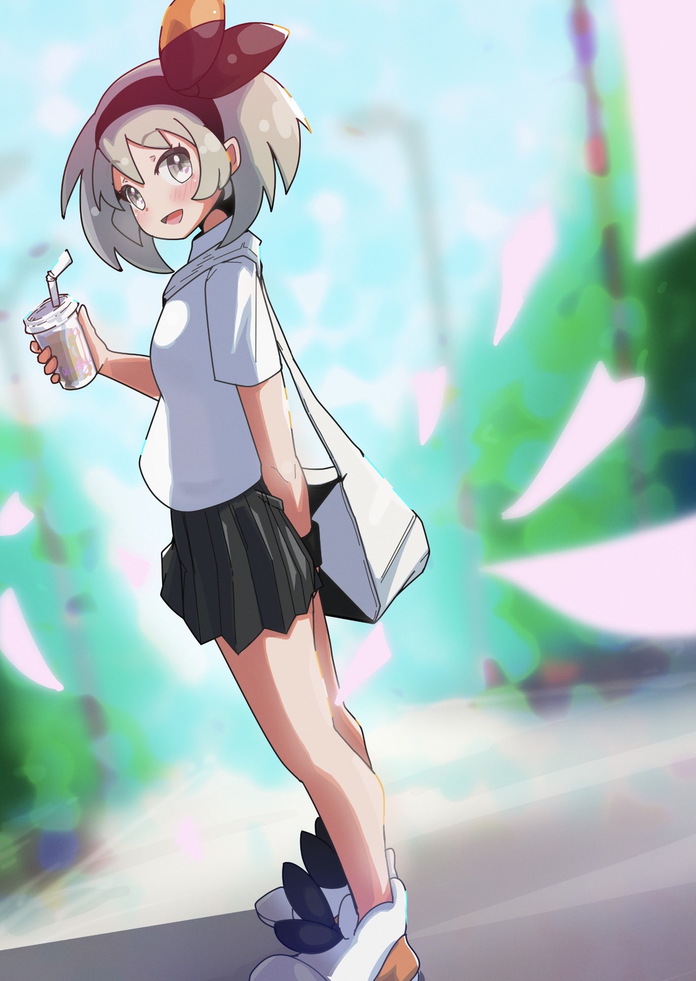 masamu (leonore69), bea (pokemon), nintendo, pokemon, pokemon swsh, commentary request, highres, 1girl, :d, bag, black hairband, black skirt, blurry, blurry background, bow hairband, cup, day, drinking straw, grey eyes, grey hair, hairband, hand up, happy, holding, holding cup, medium hair, open mouth, outdoors, pleated skirt, school uniform, shirt, shoes, short sleeves, shoulder bag, skirt, smile, solo, standing, white bag, white shirt, white shoes