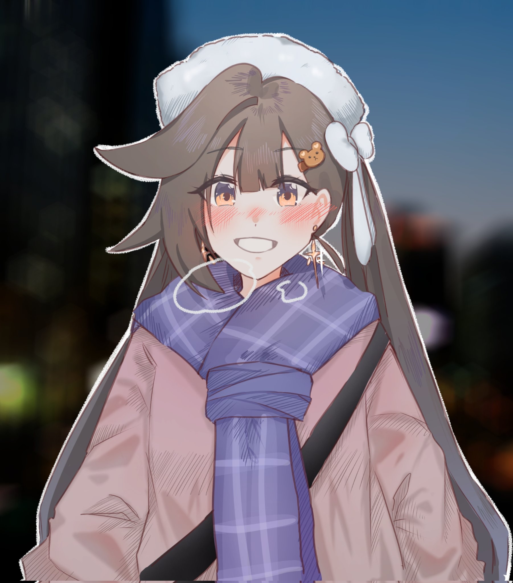 eria0909, li sushang, honkai (series), honkai impact 3rd, commentary request, highres, korean commentary, 1girl, alternate costume, bear hair ornament, blue shawl, blurry, blurry background, blush, breath, brown hair, city, cross, cross earrings, earrings, grey jacket, hair between eyes, hair ornament, hat, jacket, jewelry, long hair, open mouth, orange eyes, outdoors, shawl, solo, teeth, upper body, white hat