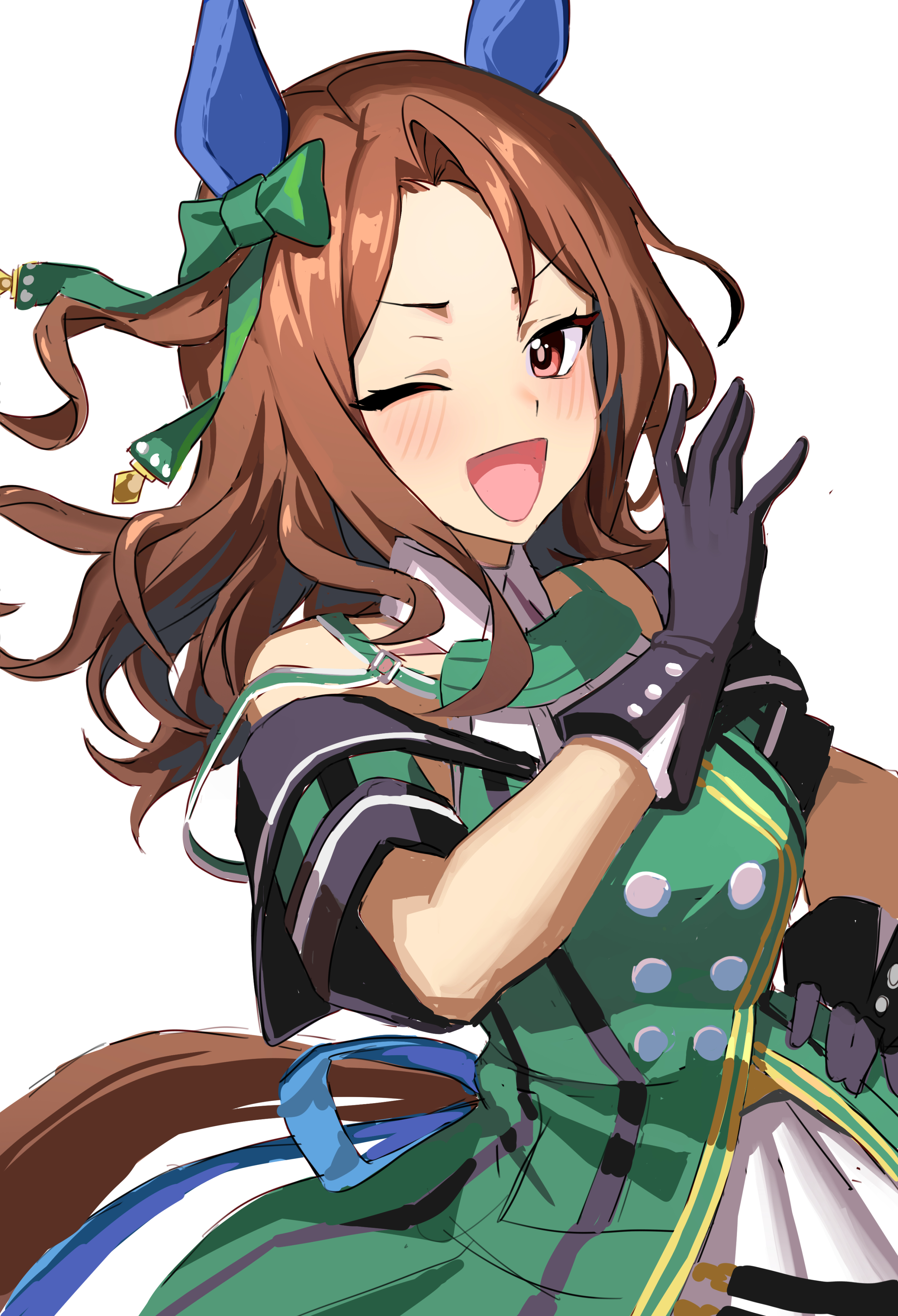 franz2543, king halo (king of emeralds) (umamusume), king halo (umamusume), umamusume, absurdres, commentary, highres, 1girl, animal ears, black gloves, blush, bow, brown hair, brown tail, dress, ear bow, ear covers, gloves, green bow, green dress, hand on own hip, horse ears, horse girl, horse tail, long hair, looking at viewer, off-shoulder dress, off shoulder, ojou-sama pose, one side up, open mouth, red eyes, simple background, smile, solo, tail, upper body, v-shaped eyebrows, white background