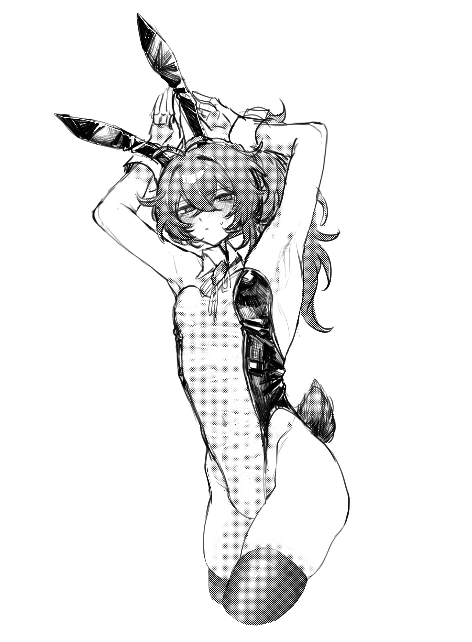 zehuij, diluc (genshin impact), genshin impact, commentary request, highres, 1boy, animal ears, armpits, arms up, blush, closed mouth, crossdressing, crossdressing (mtf), detached collar, embarrassed, fake animal ears, greyscale, hair between eyes, long hair, looking at viewer, male focus, male playboy bunny, monochrome, rabbit ears, rabbit tail, screentones, simple background, skindentation, solo, tail, thighhighs, thighs, white background, wrist cuffs